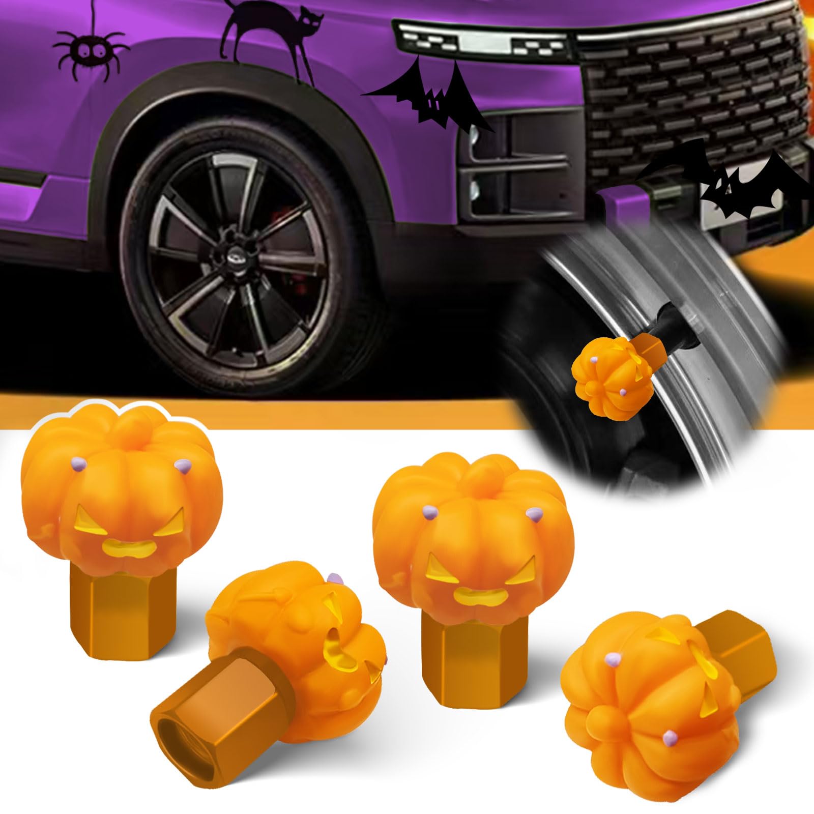 Devil Pumpkin Tire Stem Caps, 4 Pcs Cute Halloween Car Decor, Tire Valve Stem Cap with O-Ring, Suitable for Cars, SUVs, Trucks,Motorcycles, and Bicycles.