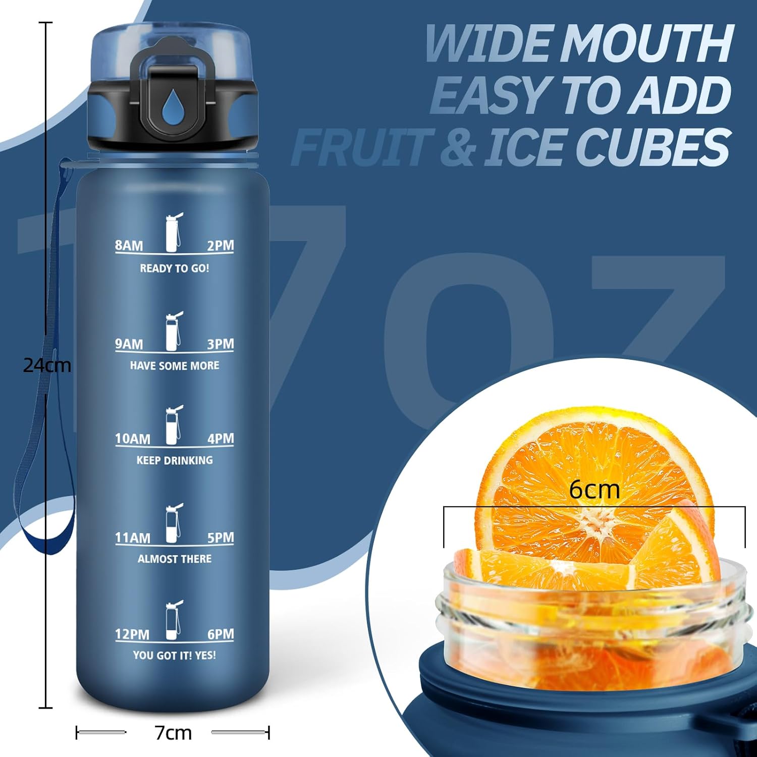 Grsta Children's Drinking Bottle, 500 ml, Water Bottle with Time Marking with Filter, Leak-Proof, Easy to Clean, Sports Drinking Bottle for School, Travel, Camping, Running, Dark Blue