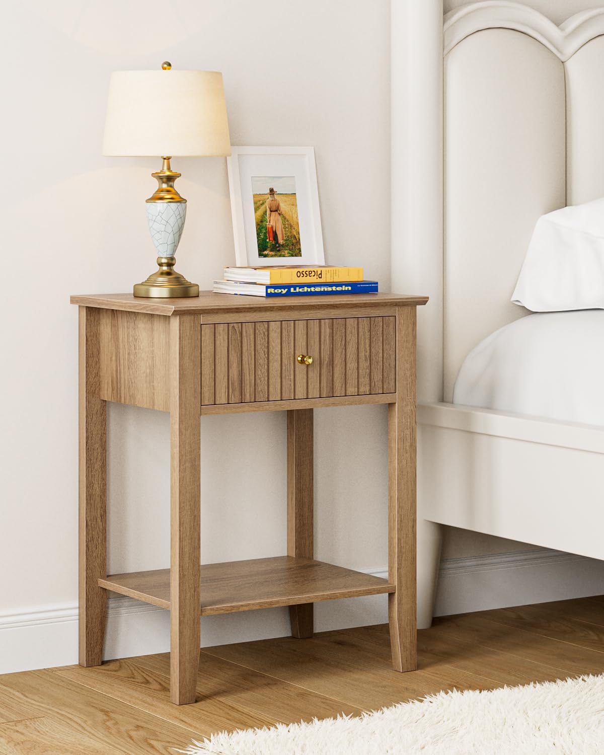 HEYZOEY Mesita de noche retro con 1 cajón, mesita de noche de madera maciza, estilo bohemio, para dormitorio, salón, nogal