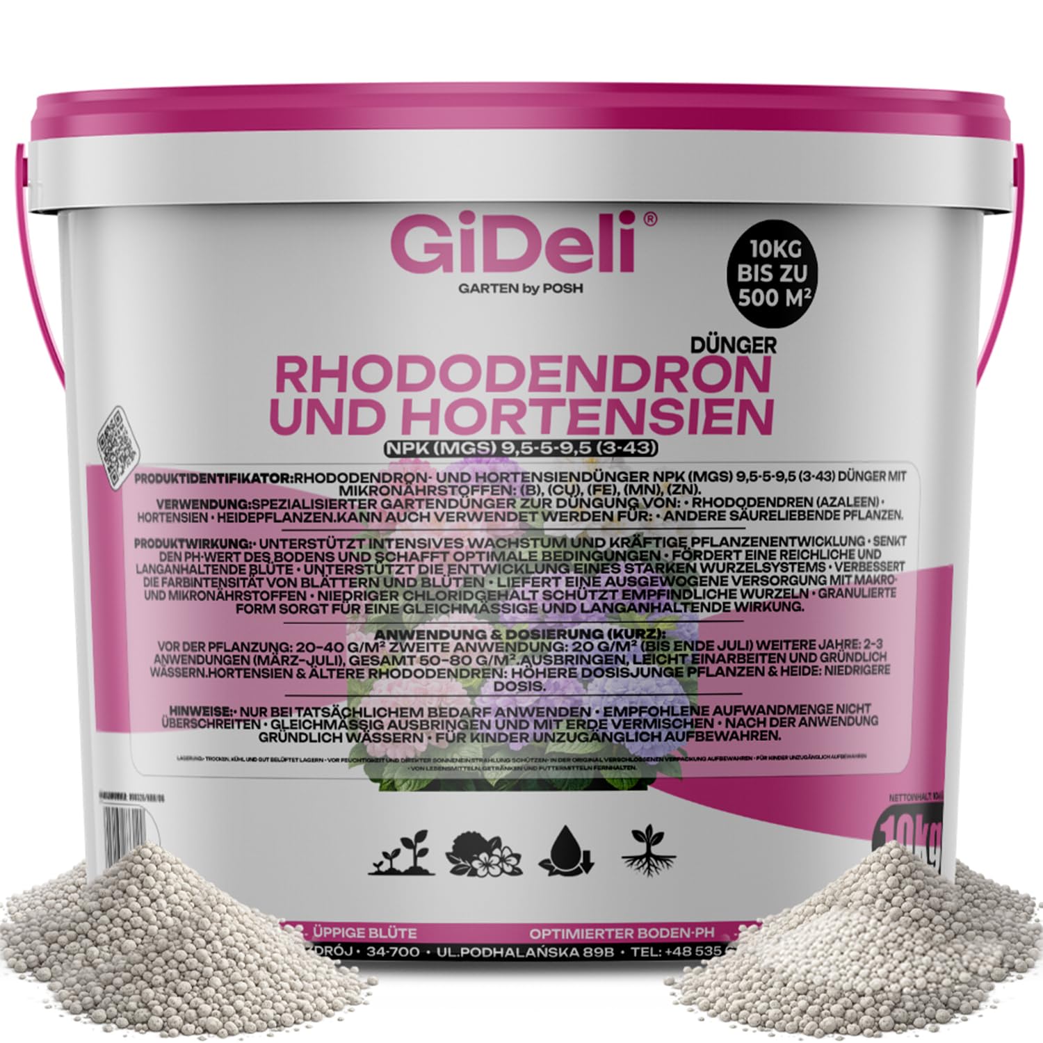 GiDeli Rhododendron Dünger & Hortensiendünger 10 kg Eimer Granulat NPK Mg