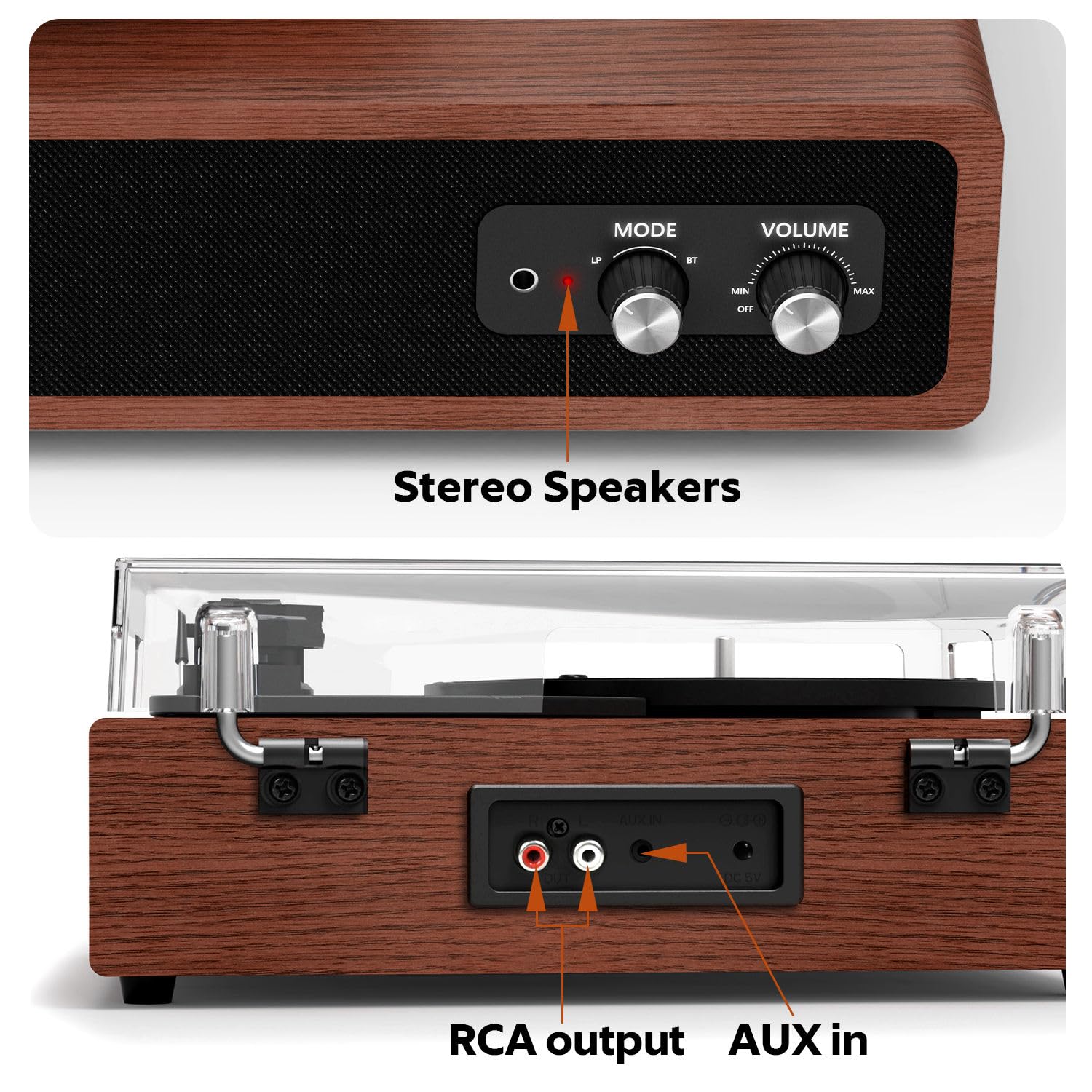 Plattenspieler, FYDEE Vinyl Plattenspieler mit Eingebauten Stereo-Lautsprechern, 3 Geschwindigkeiten 33/45/78 RPM, Bluetooth Schallplattenspieler, Unterstützt RCA-Ausgang, AUX-Eingang, Kastanienbraun