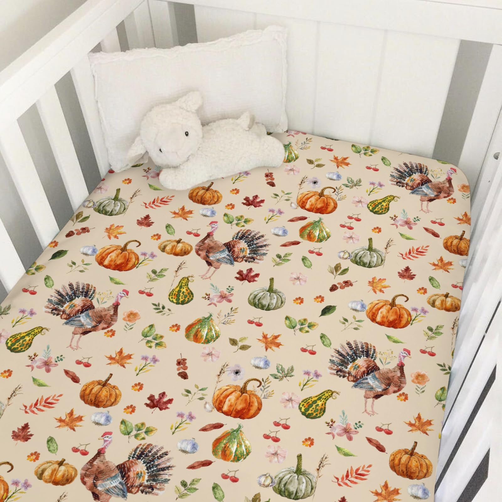 Thanksgiving Turkey Pumpkins Baby Crib Sheet 52''x28'' Retro Fall Pumpkin Boho Floral Leaves Stretchy Fitted Crib Mattress Cover for Boy Girl Autumn Soft Bed Sheet for Standard Crib Toddler Mattress