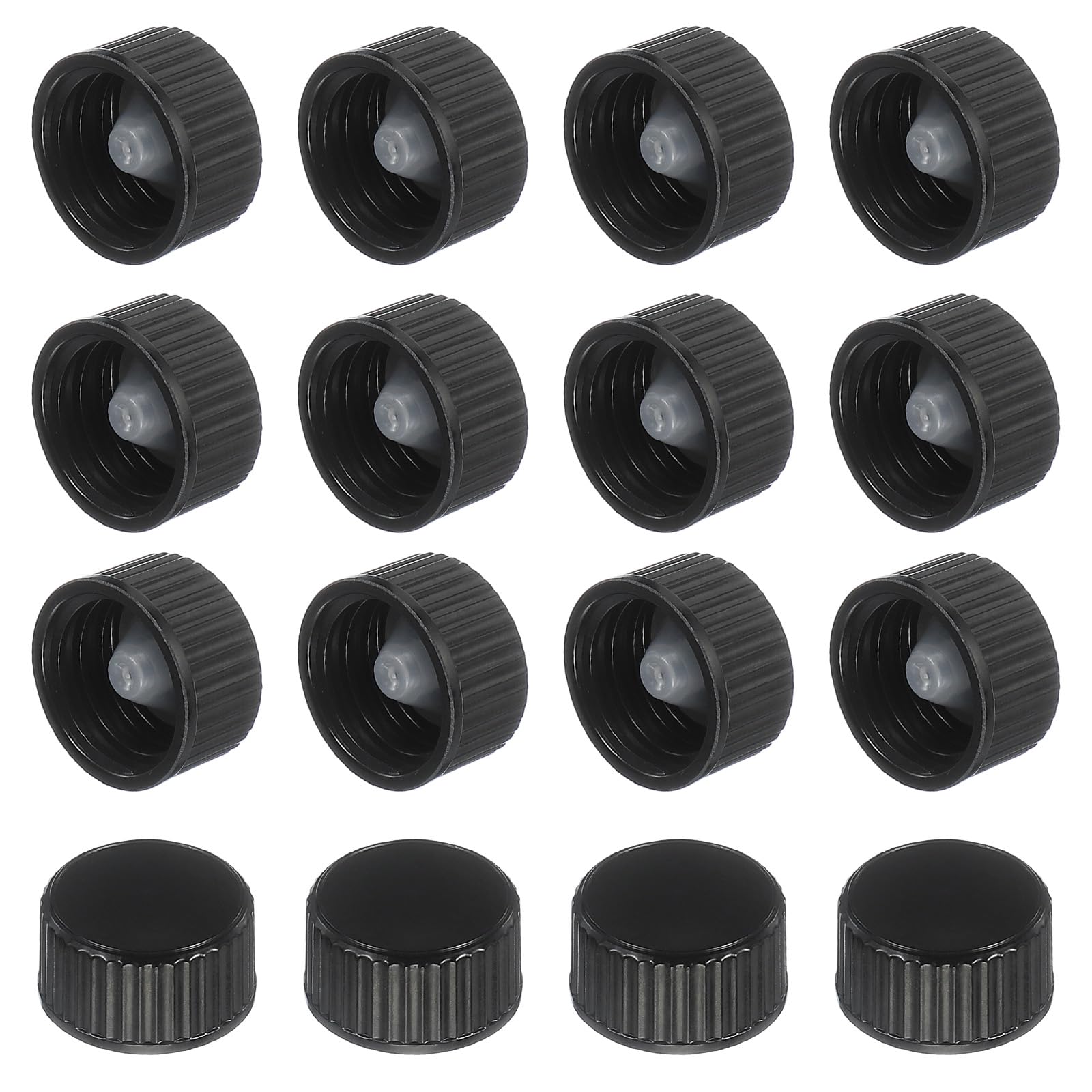uxcell 16 Pcs Phenolic Resin Cover, 20mm Poly Seal Screw Caps Plastic Replacement Bottle Caps Thread Plastic Lids for Chemicals Food Cosmetics Bottles, Black