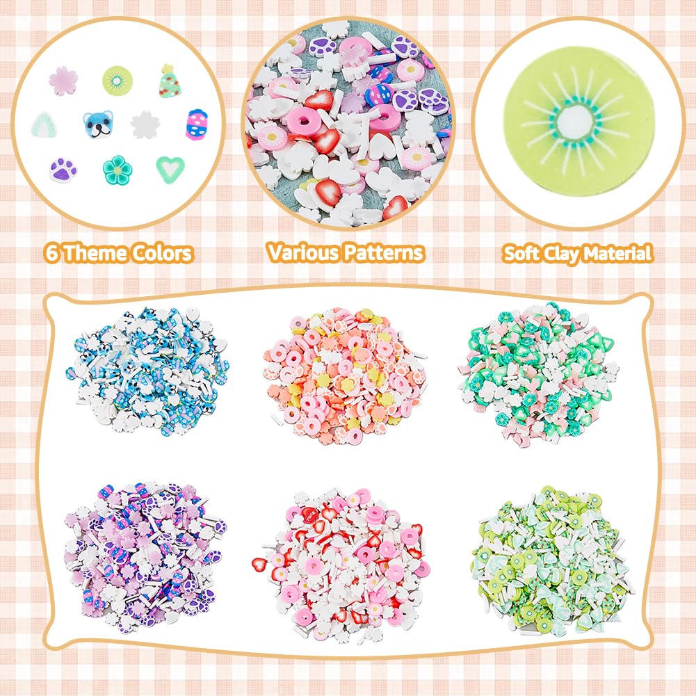 SUPERFINDINGS 150G 6 Style Couleurs Mini 3D Fimo Tranches Slimes Fruits Fleurs Tranches pour Slime Assortiment de Tranches de Slime en Argile Polymère Coeur Ours en Vrac Tranches d'argile Fimo