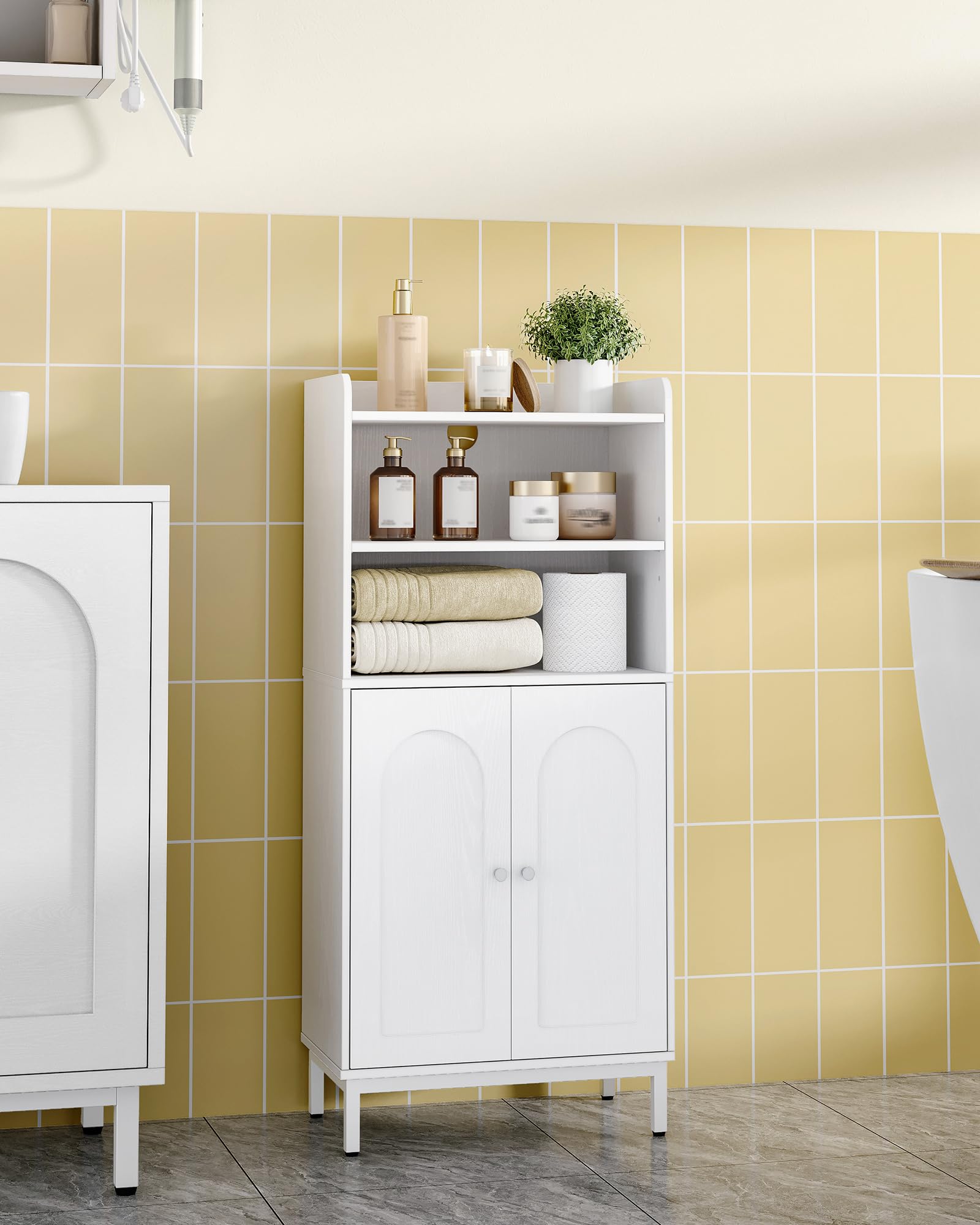 Hzuaneri Badezimmerschrank, Badschrank, Küchenschrank mit 2 offenen Fächern, 2 Türen, 2 verstellbaren Einlegeböden, Freistehender Badezimmer, 20 × 37 × 84 cm, Weiß BC48213W