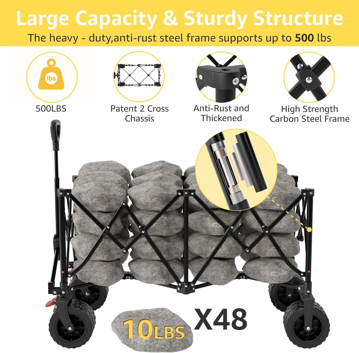 ROSONG Chariot de Plage Pliable-Chariot de Jardin 4 Roues Tout Terrain avec Freins Charrette de Transport Grande Capacité 260kg pour Camping, Courses, Extérieur, Noir