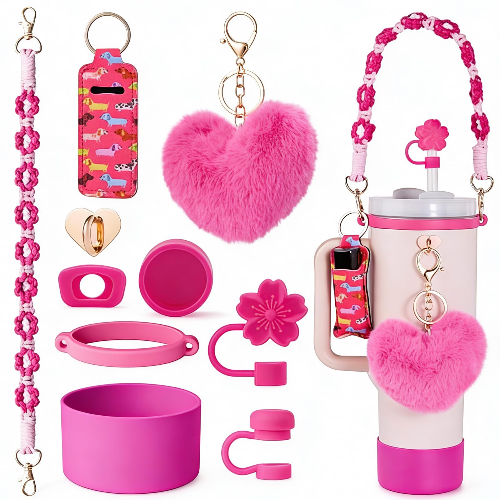 10PCS Stanley Cup Accessories Set for 30oz 40oz Tumbler,Including Silicone Stanley Cup Boot Straw Cover, Spill Stopper,Heart Charm, Water Bottle Handle Strap&Tumbler Charms Decorations(Rose Red)