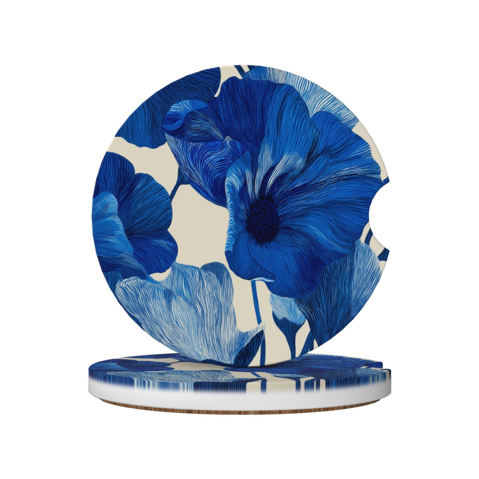 Floral in Deep Blue Flower Ceramic Coasters,2pcs