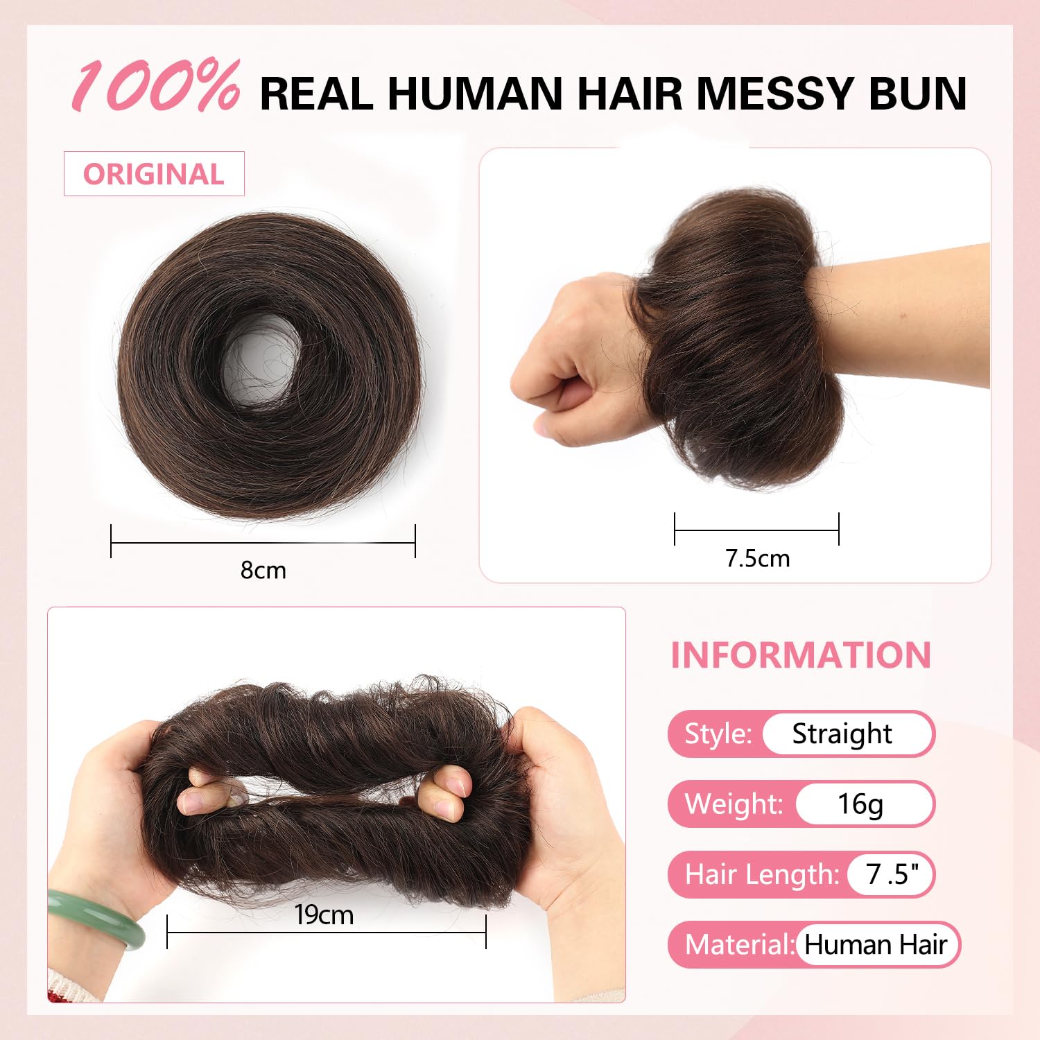 Messy Bun Hair Piece Natural Curly 100% Real Human Hair Dark Brown Fluffy Donut Updo Elastic Rubber Band Human Hair Chignons Scrunchies Hair Bun(2 Count #2 Darkest Brown)