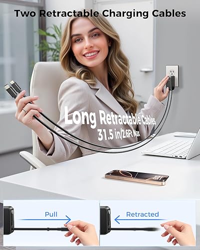 Miniatura 2 de SUPERONE Cargador de pared retráctil de 62 W con cables duales, bloque de cargador USB de 3 puertos, cargadores de iPhone de 35 W de carga rápida