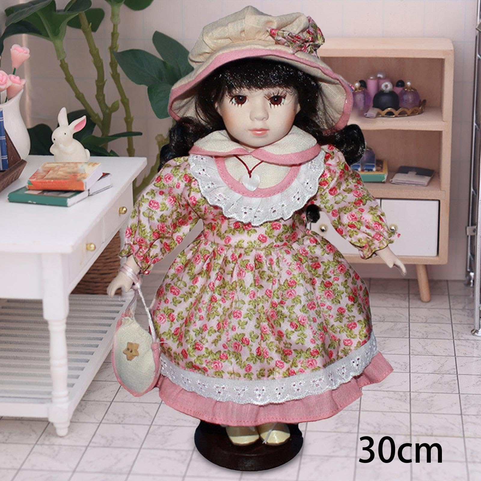 F Fityle Frau Keramik Puppe 11,81'' Prinzessin Puppe Porzellan stehende Puppe, Miniatur-Porzellan-Menschen als Geburtstagsdekoration, Rosa