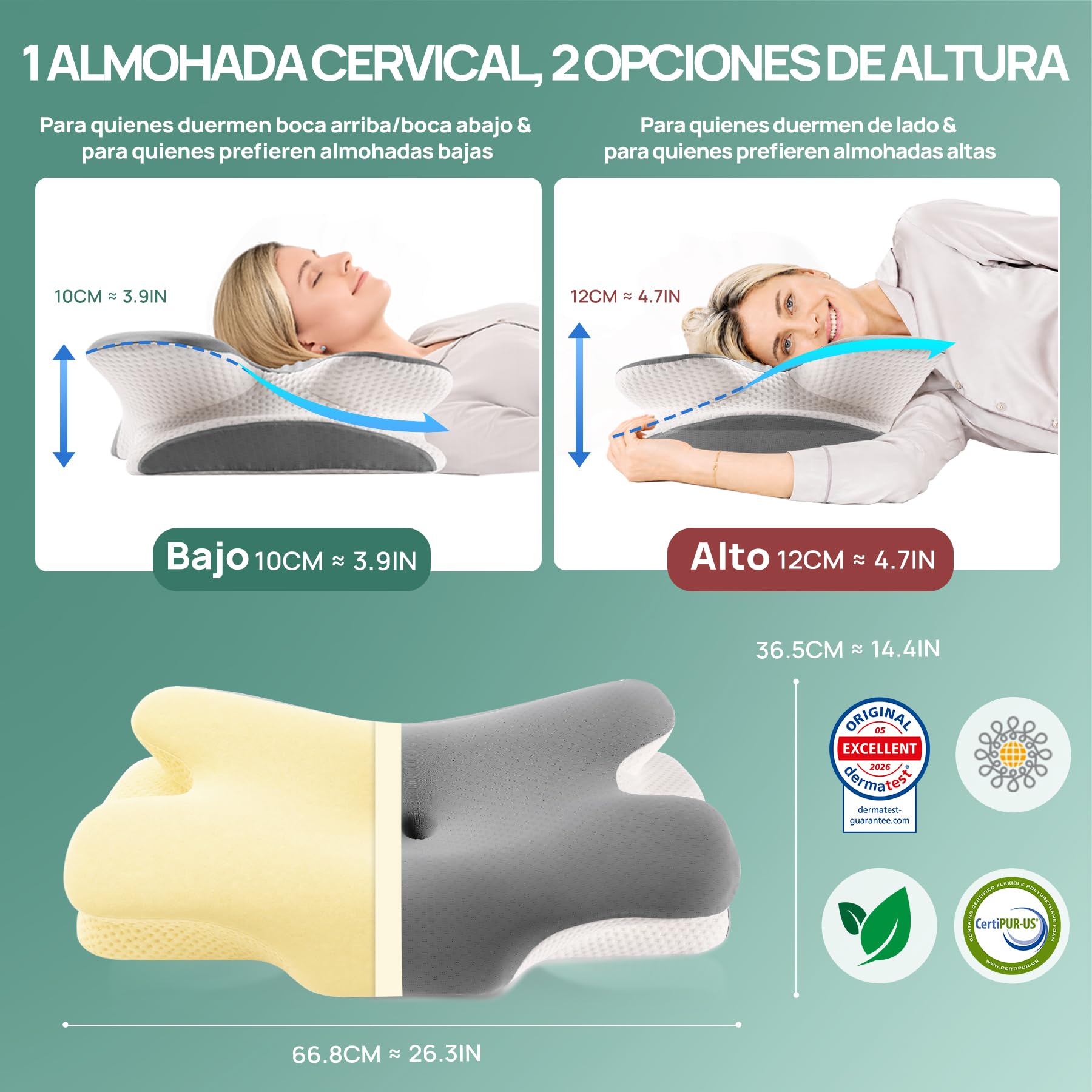 MULISOFT Almohada Cervicales y Cuello, Almohada Cervical de Espuma Viscoelástica, 2 en 1 Almohada Ergonómica Mariposa para Dormir de Lado, Boca Arriba y Boca Abajo, 67x36x10/12 cm, P-105 Gris