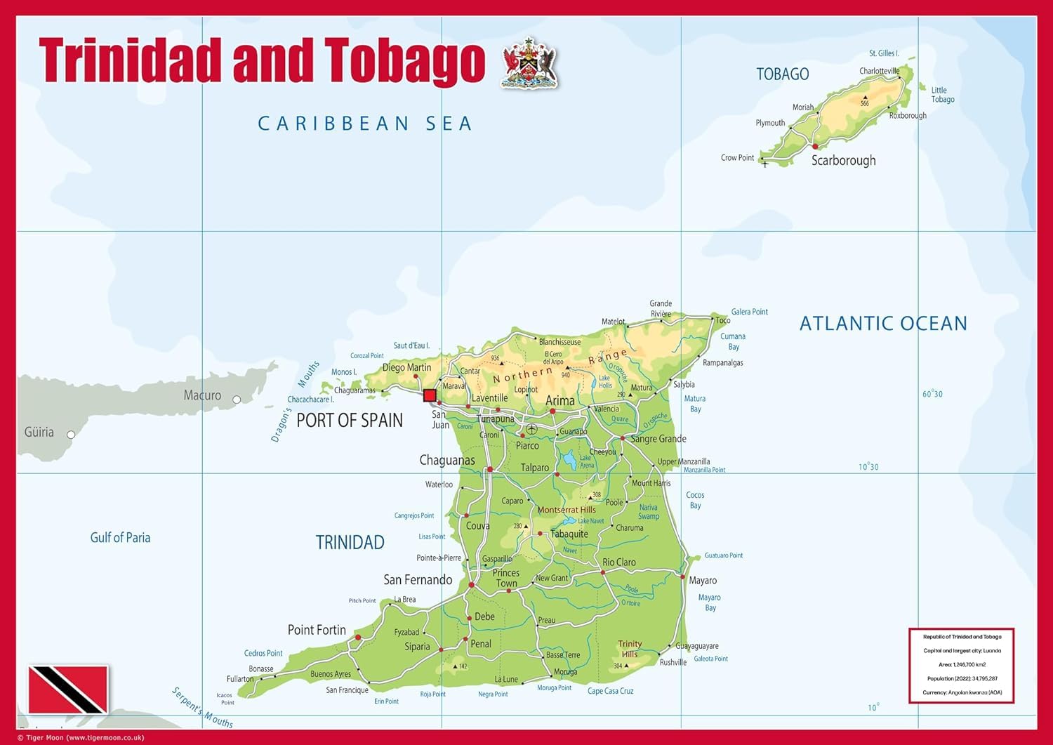 Trinidad & Tobago Physical Map - 23.3 x 16.5 Inches - Paper Laminated