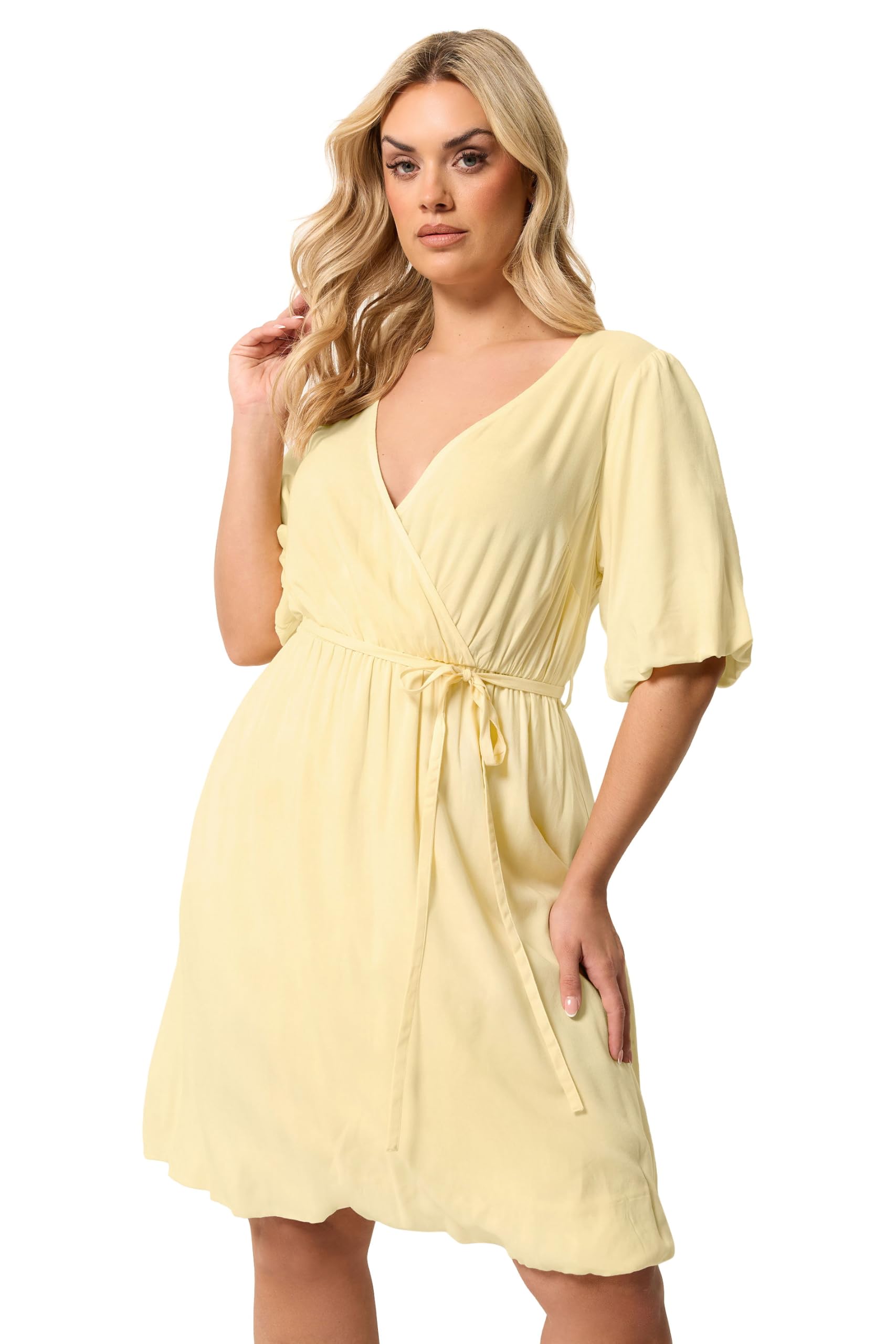 Yours Women's Lemon Puff Ball Wrap Dress In | Size: 30-32