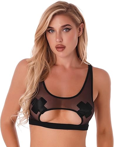 Miniatura 2 de Freebily Top corto de malla transparente para mujer, con cuello en U, sin forro, sin forro, camiseta de tirantes