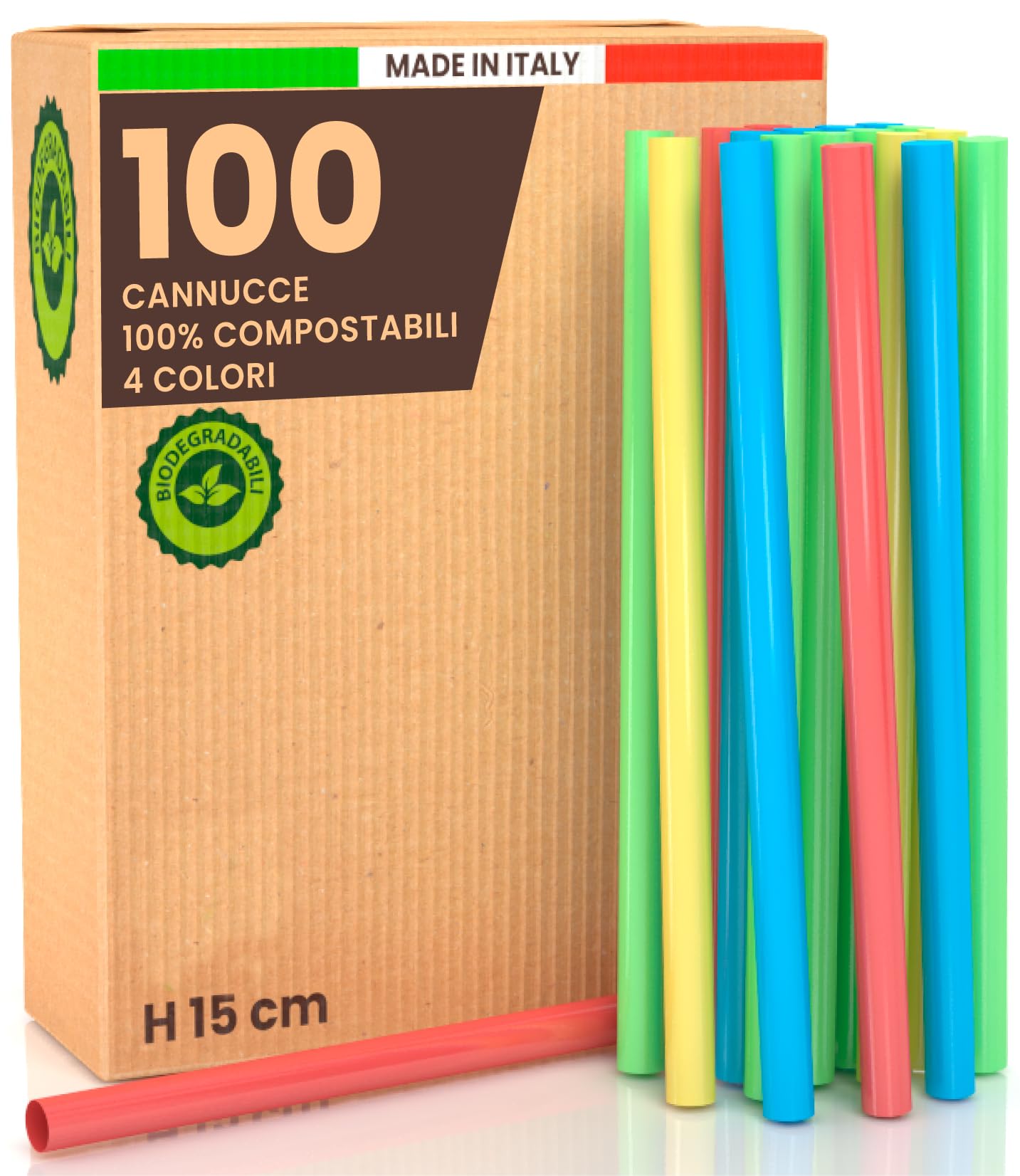 100 bunte Jumbo-Trinkhalme für Cocktails, 15 cm x 8 mm, ideal für Partys, Events, Drink und Getränke, hergestellt in Italien, starr, umweltfreundlich, biologisch abbaubar, kompostierbar