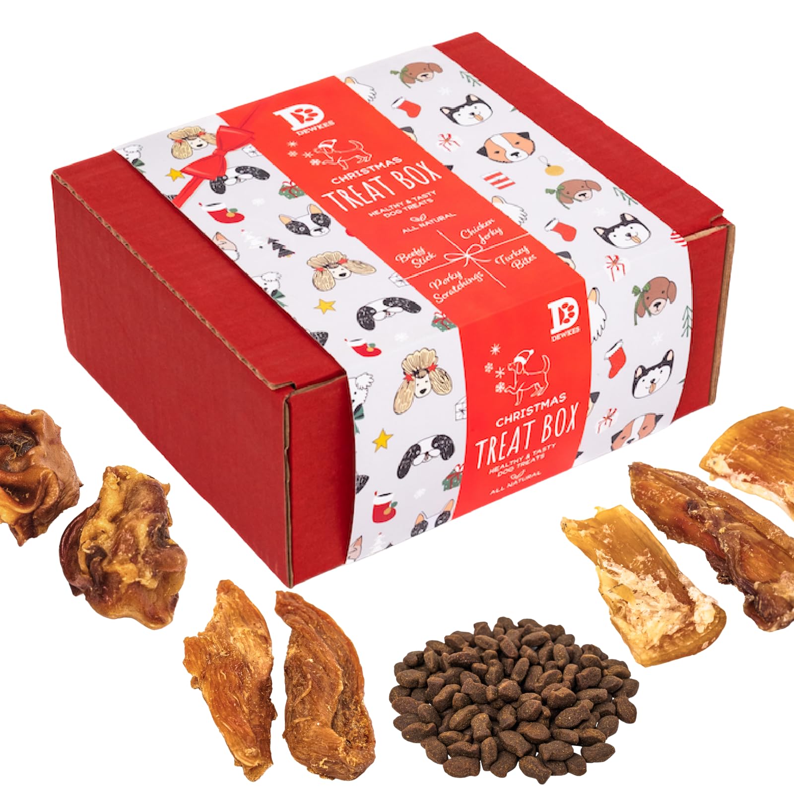 Dewkes Natural Dog Treat Box for Christmas | Grain-Free Treat Selection with Turkey & Cranberry, Chicken Jerky, Beefy Chews, Porky Scratchings & Fishy Bites | Hypoallergenic Festive Dog Gift Hamper — image 1