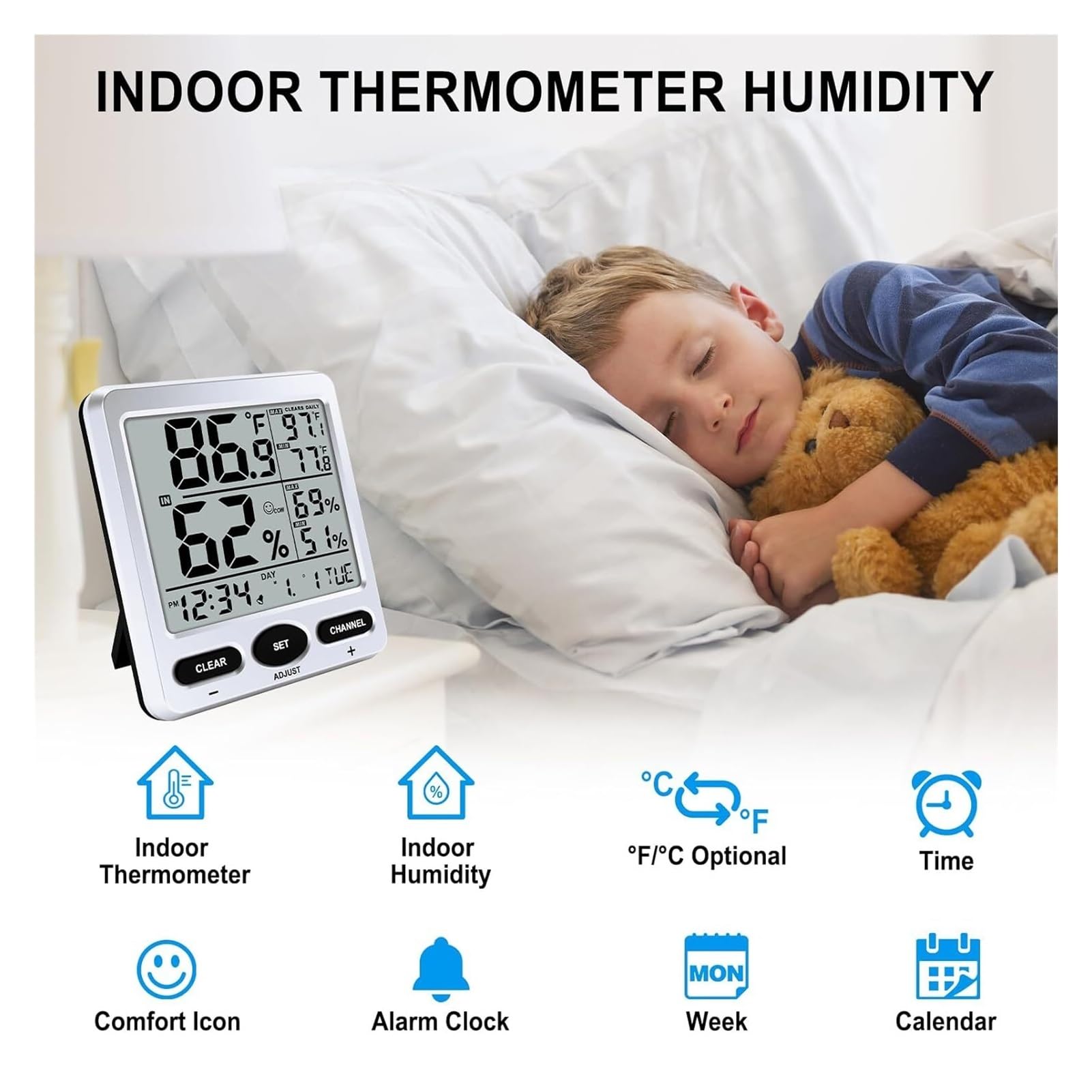 Digitales Thermometer-Hygrometer, Innenmonitor mit Alarm(WHITE)