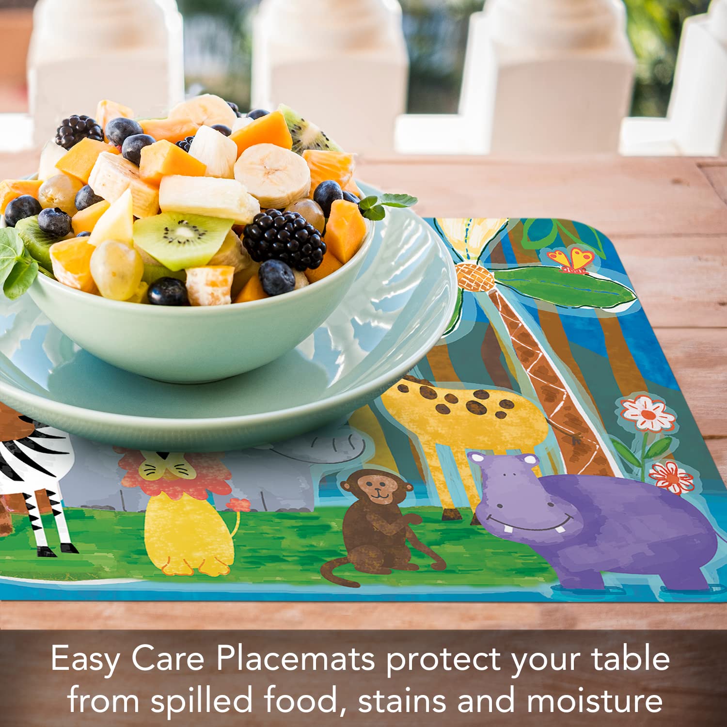 CounterArt Jungle Friends 4 Pack Reversible Easy Care Flexible Plastic Placemats for Children Made in The USA BPA Free PVC Free Easily Wipes Clean