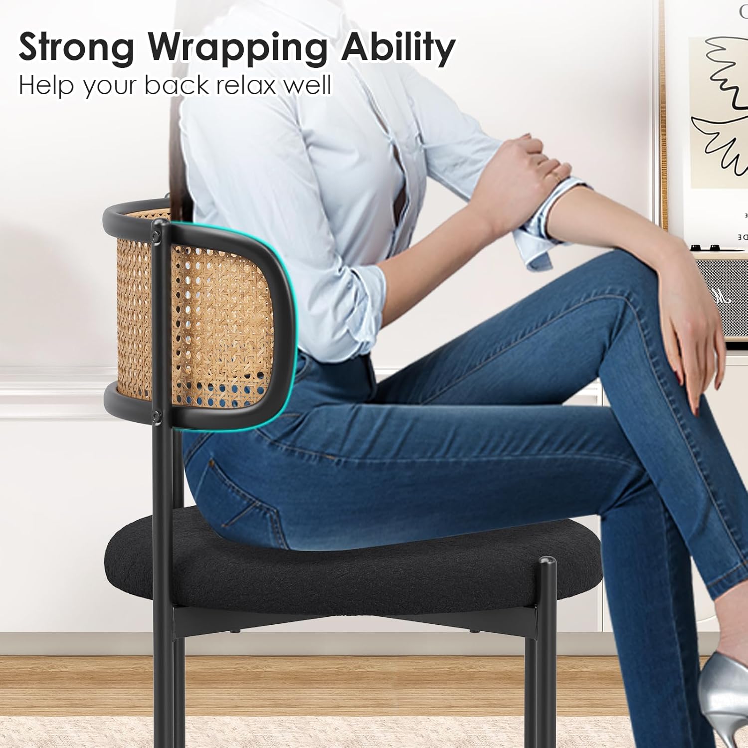 Farini Kitchen Chairs Set of 2, Mid-Century Modern Dining Chairs,Kitchen Dining Room Chairs, Rattan Backrest Round Upholstered Sherpa Dining Chairs,Black