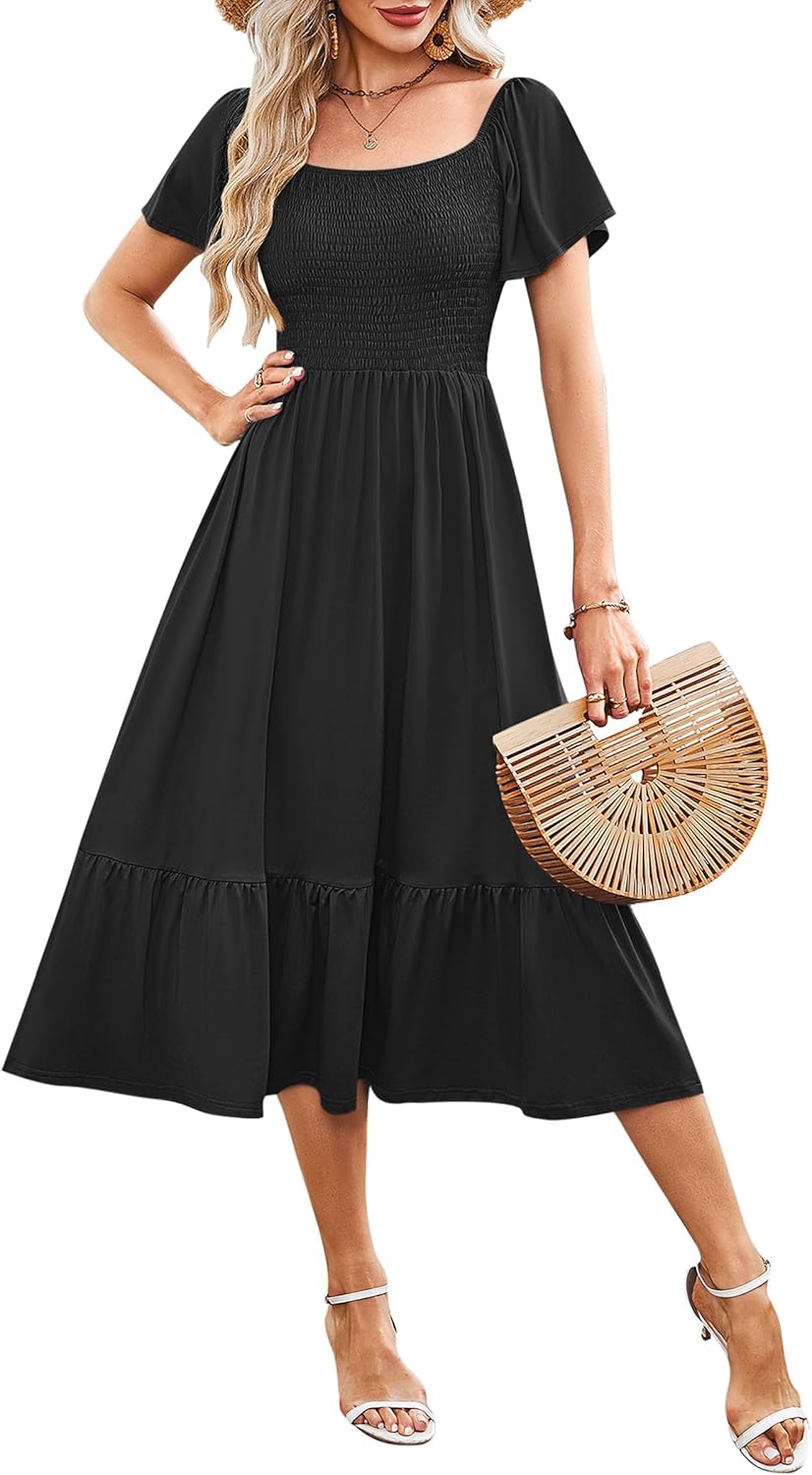 AUSELILY Women's Summer Empire Waist Dress Smocked Flutter Short Sleeve Square Neck Midi Dresses 2025 New