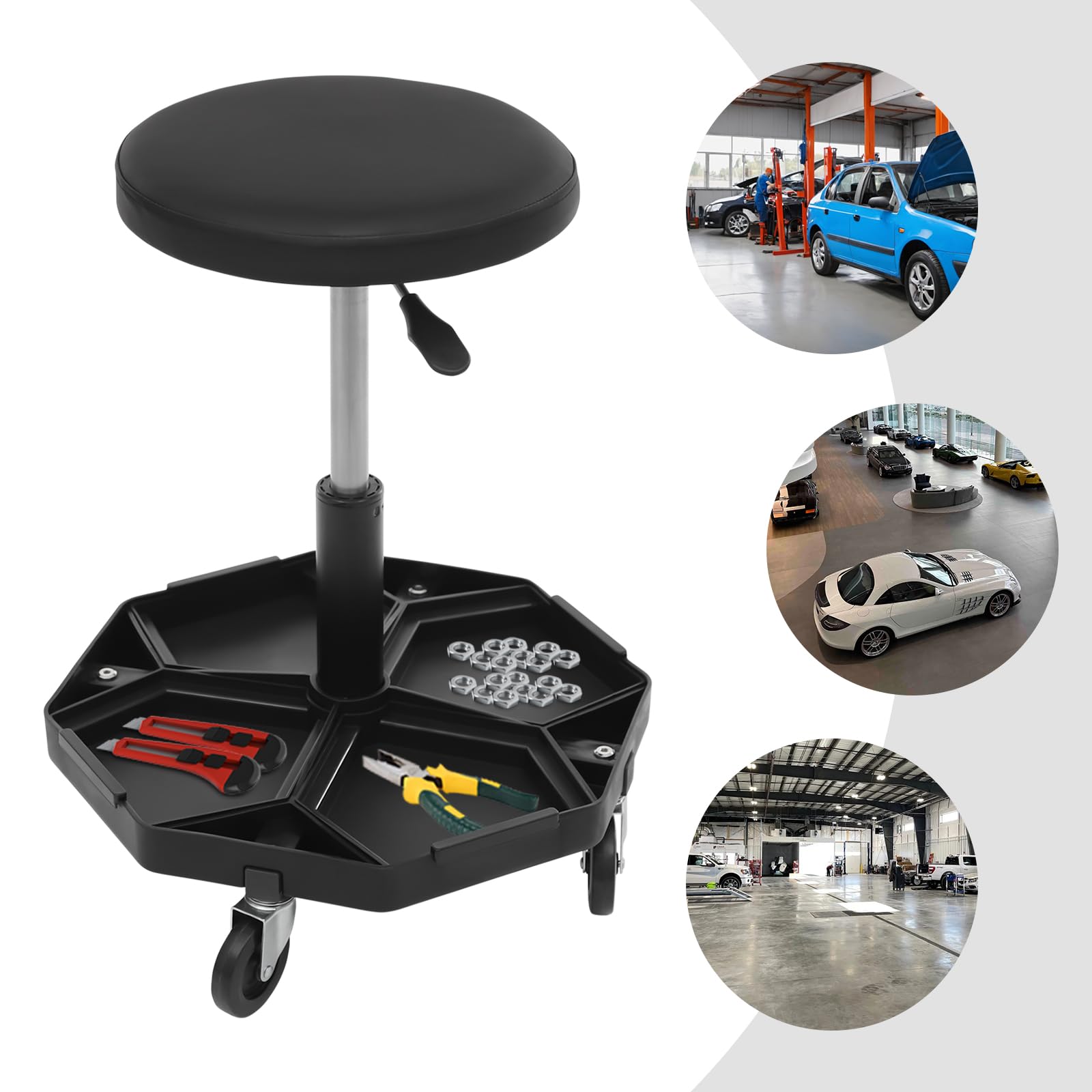 Sgabello da officina regolabile in altezza, con ruote e ripiano per attrezzi, 150 kg, per garage, negozi, saloni, officine (nero)