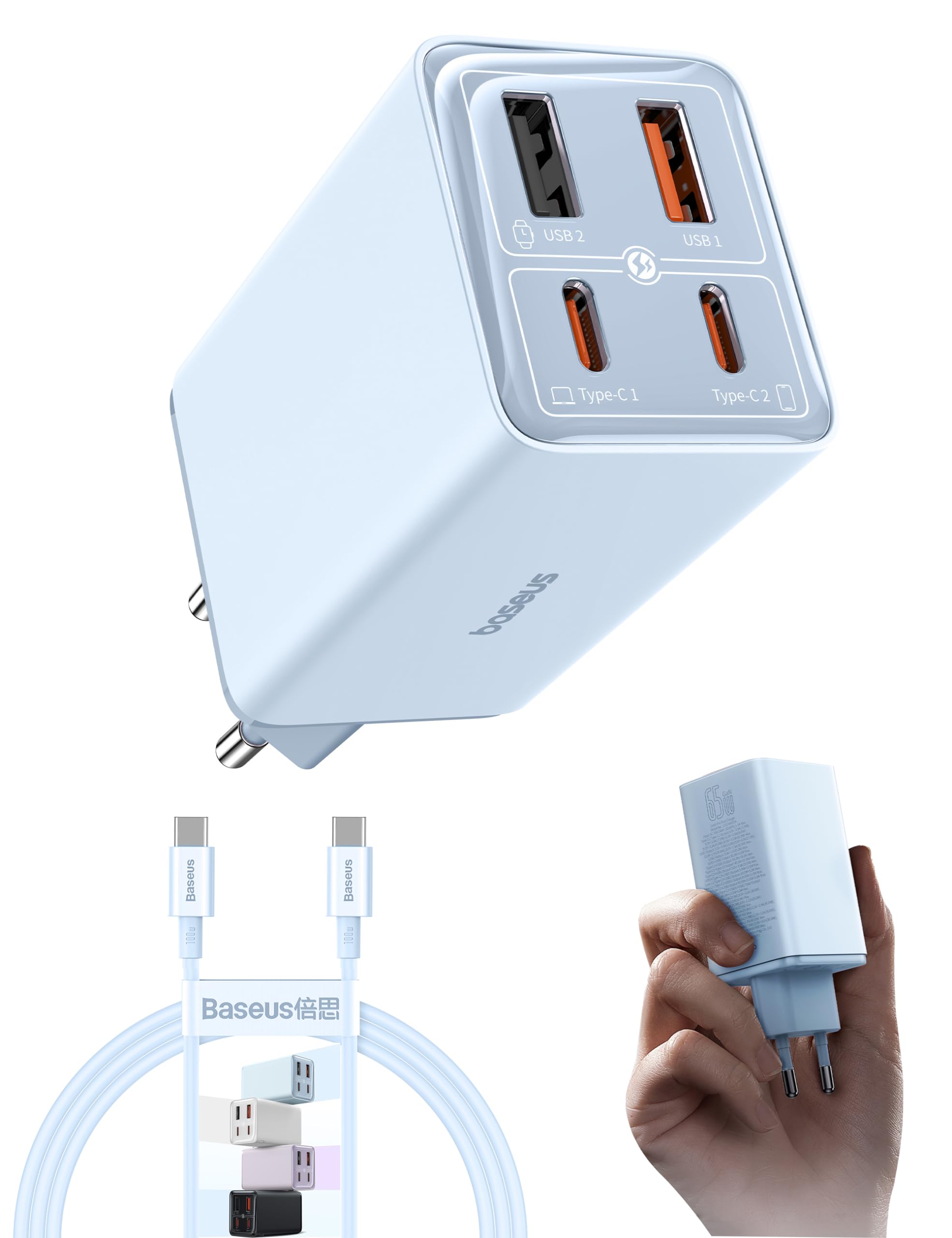 Baseus 65W Caricatore USB C GaN 6 Tech, Caricabatterie USB, Alimentatore USB C Compatibile con MacBook Air/Pro, Surface, iPhone 15/14/13, iPad, Samsung Galaxy S23 Ultra/S23+/S22, Pixel, Blu