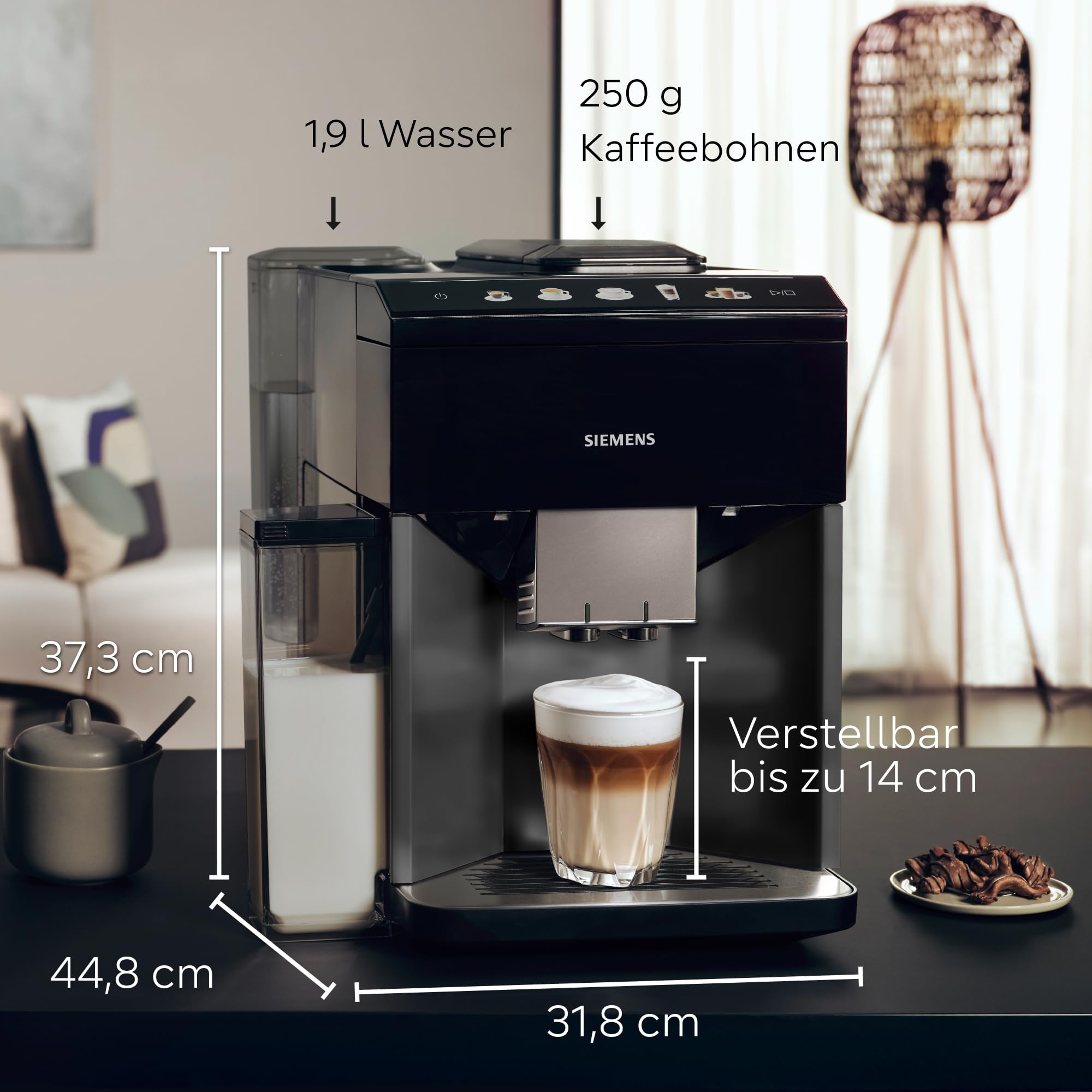 Siemens Kaffeevollautomat EQ500 integral, farbiges TFT-Display, 9 Kaffee- und Milchgetränke, Doppeltassenfunktion, beleuchteter Kaffeeauslauf, entnehmbare Brüheinheit, Schwarz, TQ515D09