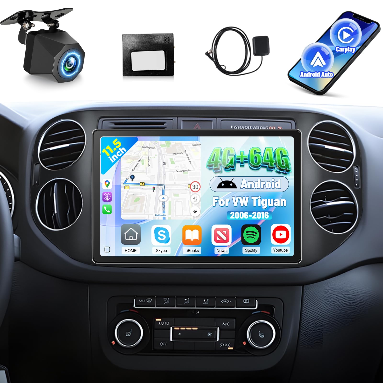 Photo 1 of [4+64G] 11.5 inch Large Touch Screen for VW Tiguan 2006-2016: NHOPEEW 2000 * 1200P IPS Incell Touchscreen Tiguan Android Stereo - Carplay, Android Auto, 5G/WiFi, GPS, Custom Homepage + Backup Camera