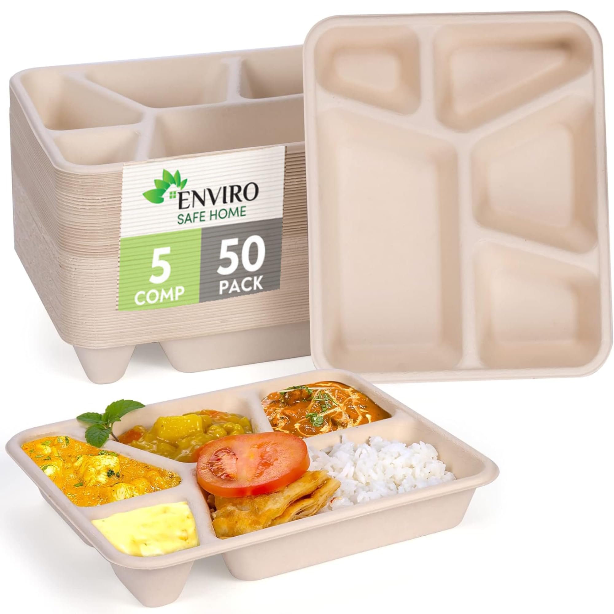 Compostable Bamboo Disposable Plates 5 Compartments, 50 Pack - Heavy Duty, Microwavable, Oven Safe - Divided Tray for Meals, Lunch - Eco-Friendly, Biodegradable (Style 1)