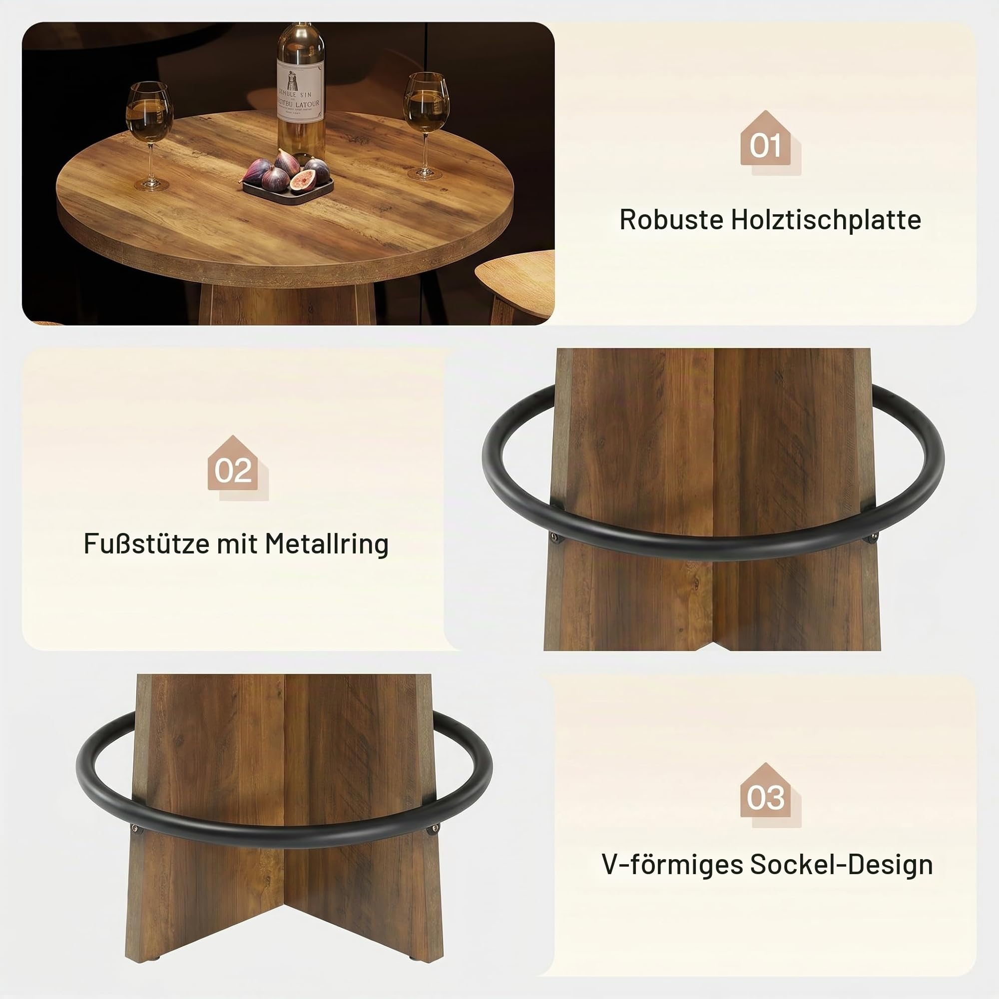 Tribesigns Runder Bartisch, 95 cm hoher Bistro-Stehtisch aus Holz mit Untergestell und Metallring-Fußstütze für Cafés, Zuhause, kleine Räume, braun (nur Tisch)