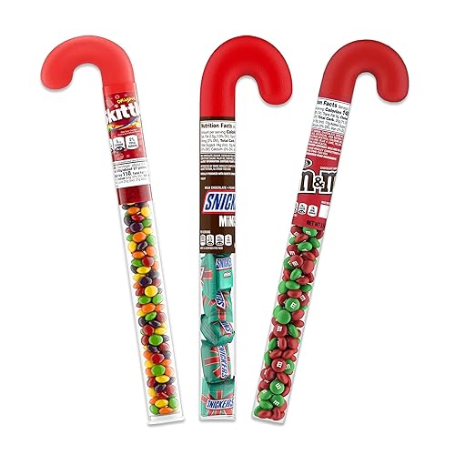 Mini Snickers Candy Cane Tube, Christmas Skittles Filled Candy Cane Tube, and Christmas M Ms Candy Cane Tube- 3 Pack, Christmas Candy Canes Filled