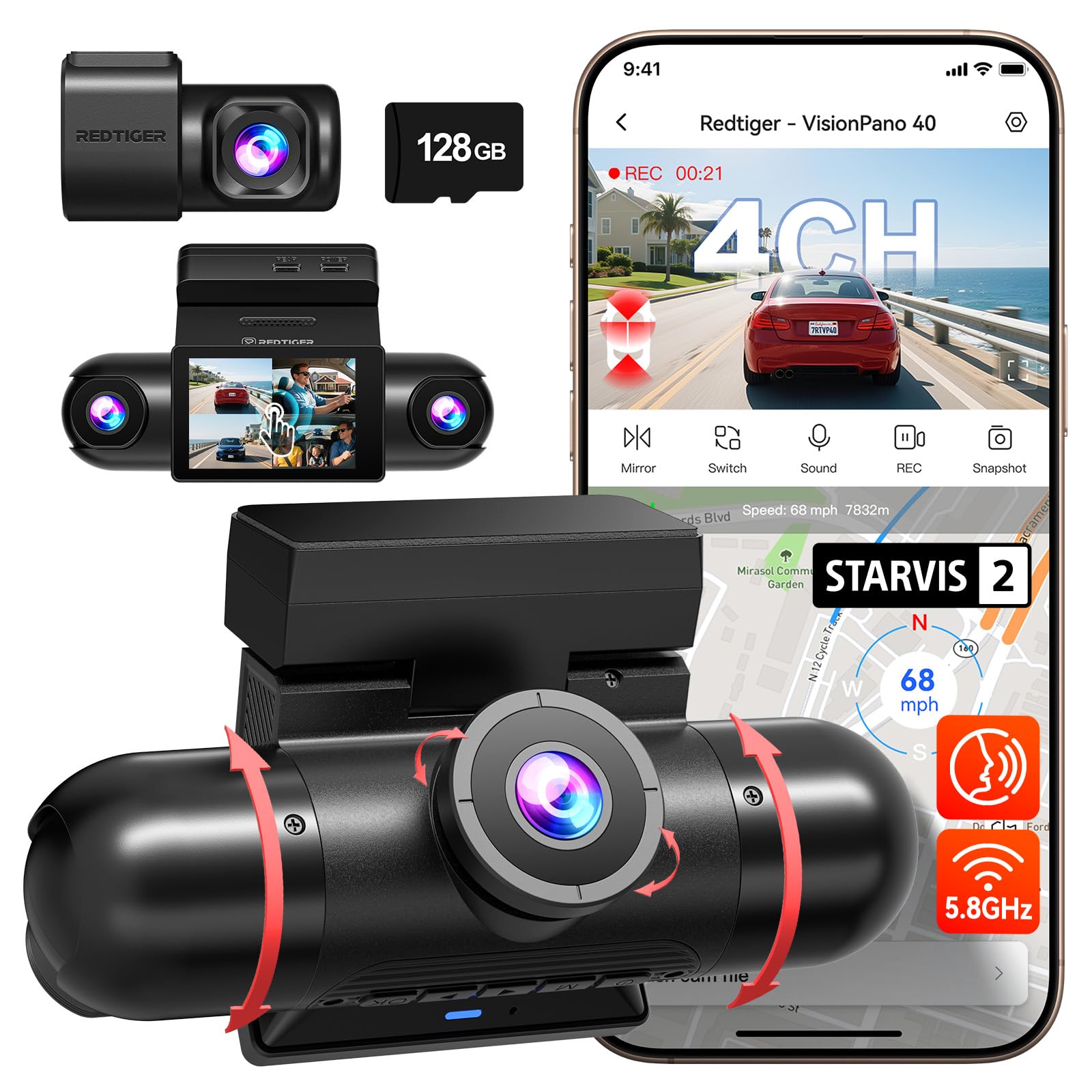 REDTIGER de 4 Canales Dash Cam Coche con Visión de 360°,Doble STARVIS 2, 2,5K*2+1080P*2,Cámara para Salpicadero Delantera y Trasera,Interior Izquierda y Derecha, WiFi de 5,8 GHz, 8 luces IR con Visión