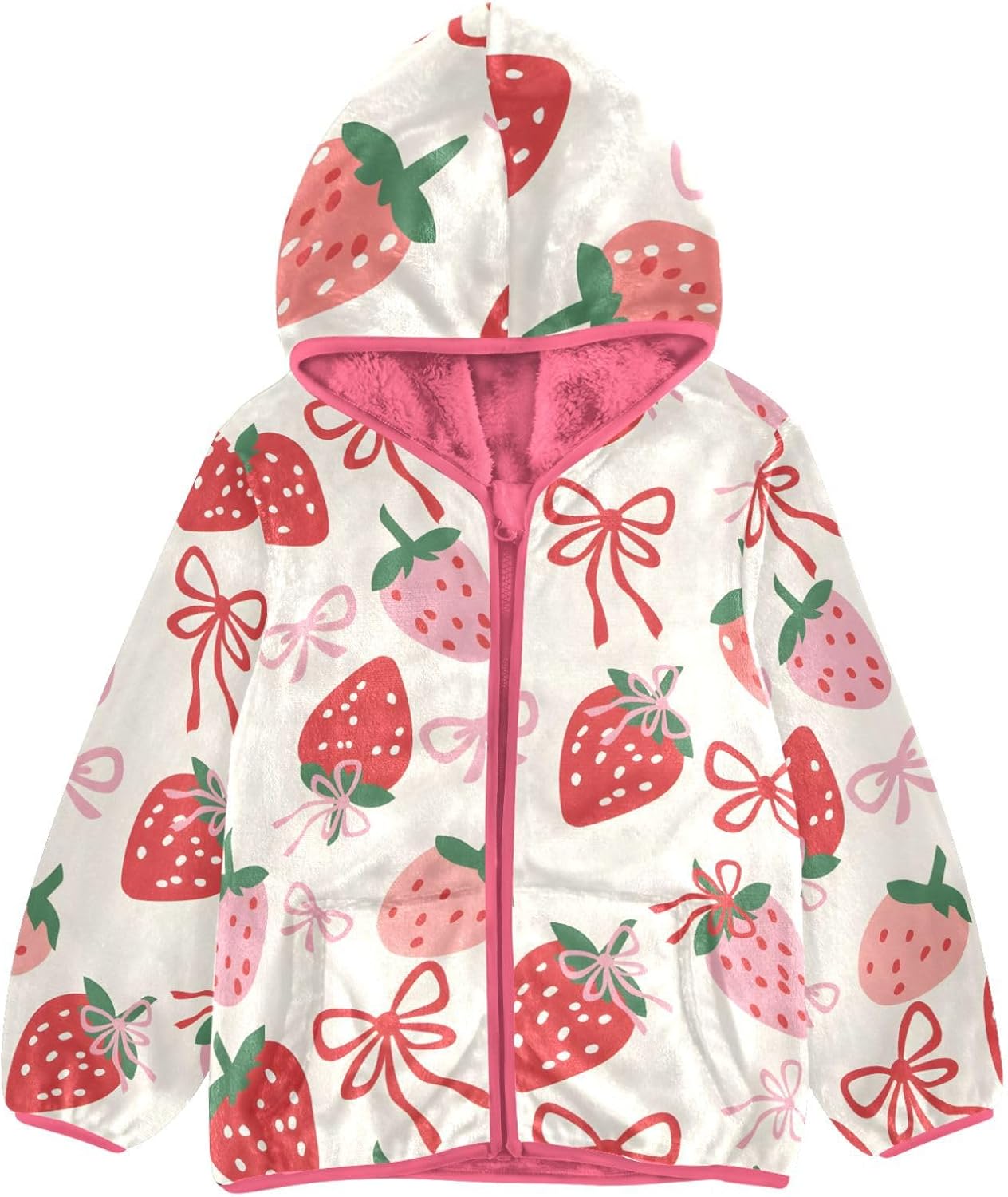Girls Hoodie Outfit Strawberry Simple Lines Bow Pattern Zipper Sweatshirt Coat Fleece Jacket for Kids 3-10T
