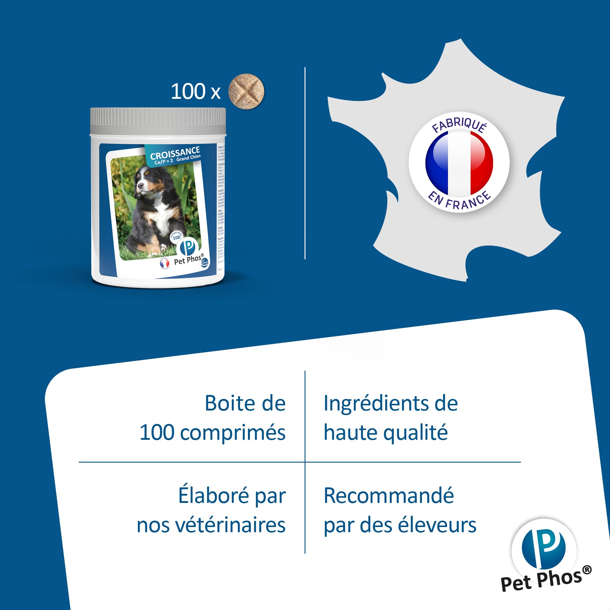 Pet PHOS Croissance CA/P = 2 Grand Chien pour Chiots en Croissance et Femelles gestantes ou allaitantes nourris avec Une Ration ménagère ou Industrielle