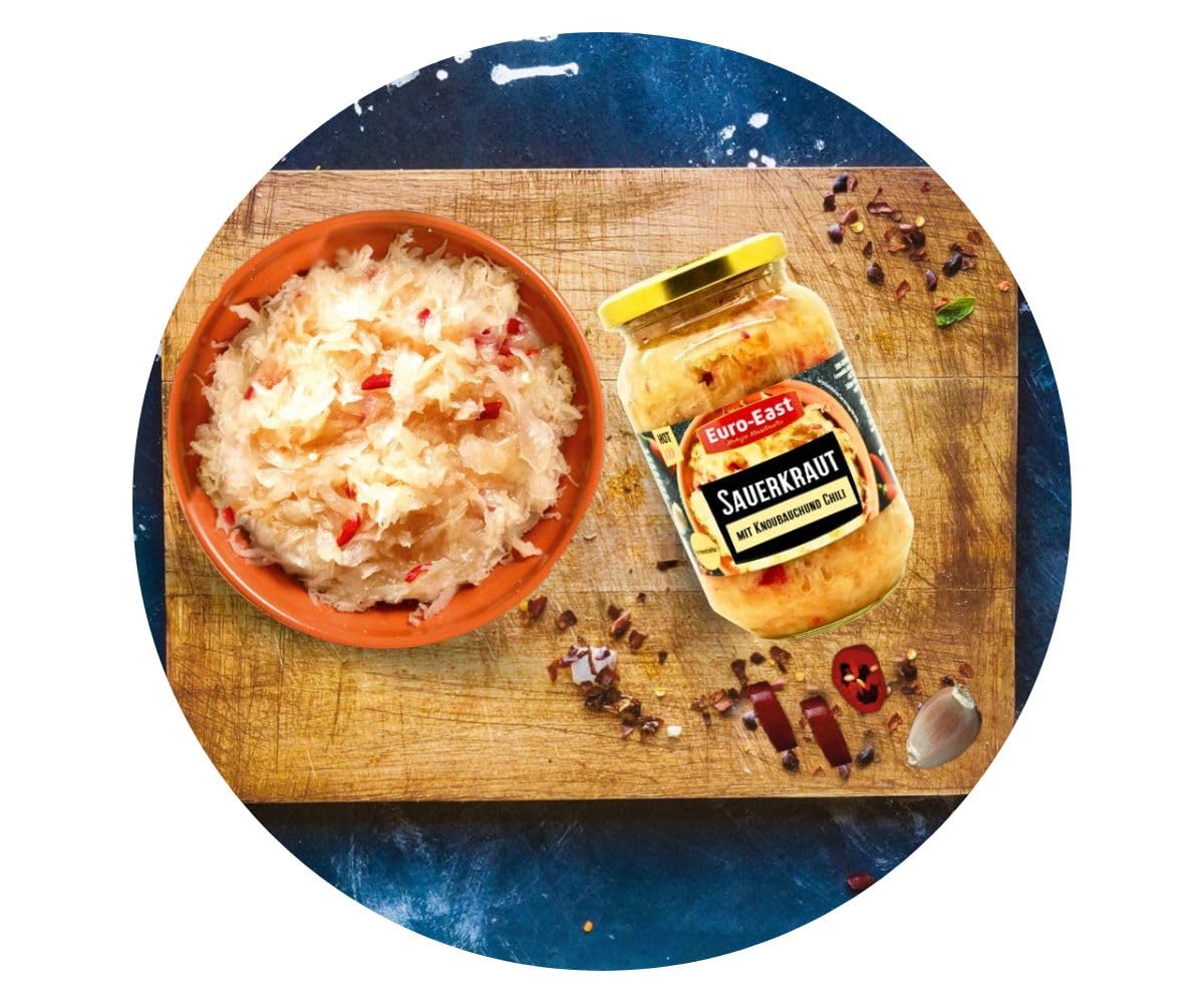 Euro-East Sauerkraut mit Knoblauch und Chili 6-pack im Glas x 460g | Vegan und Glutenfrei eingelegter Kohl | Fermentiertes Gemüse (6x460g)