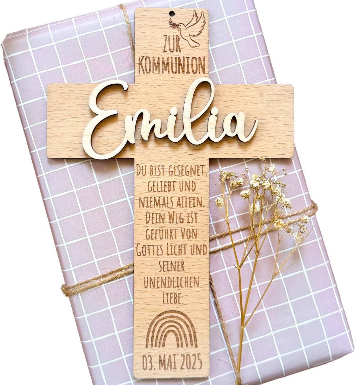 Kommunion Kreuz mit Name aus Holz Kommunionskreuz personalisiert zur ersten heiligen Kommunion – Glückwünsche Kommunionsgeschenk von Großeltern oder für Patenkind