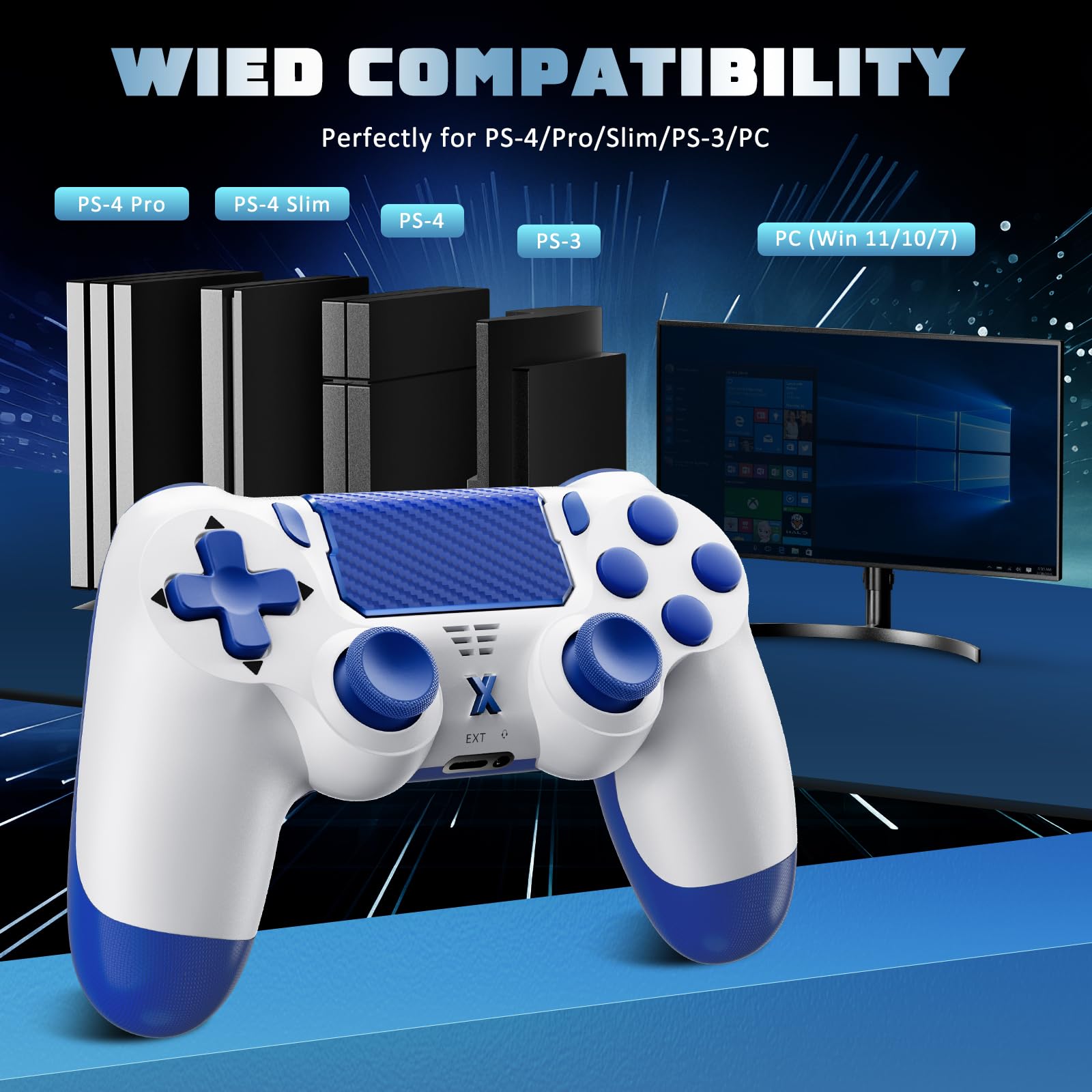 Jeifhxu Wireless Controller for PS-4, Upgraded Controller Wireless for PS-4/Slim/PC, Bluetooth Gamepad Joystick with Dual Vibration/Touch Panel/ 3.5mm Audio Jack/Six-Axis/Ergonomic(Blue) - 2