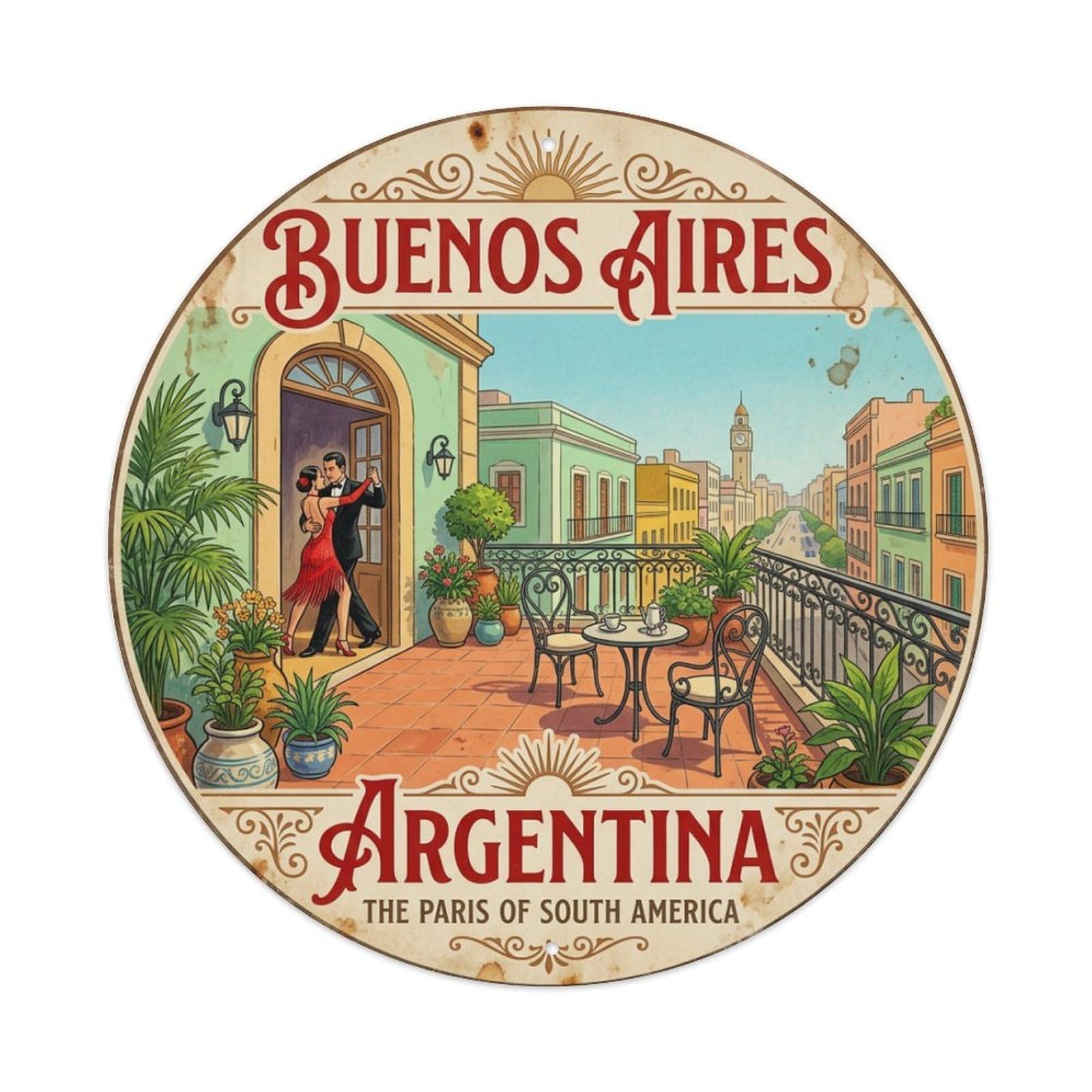 Metal Tin Sign Vintage Travel Buenos Aires Argentina Terrace