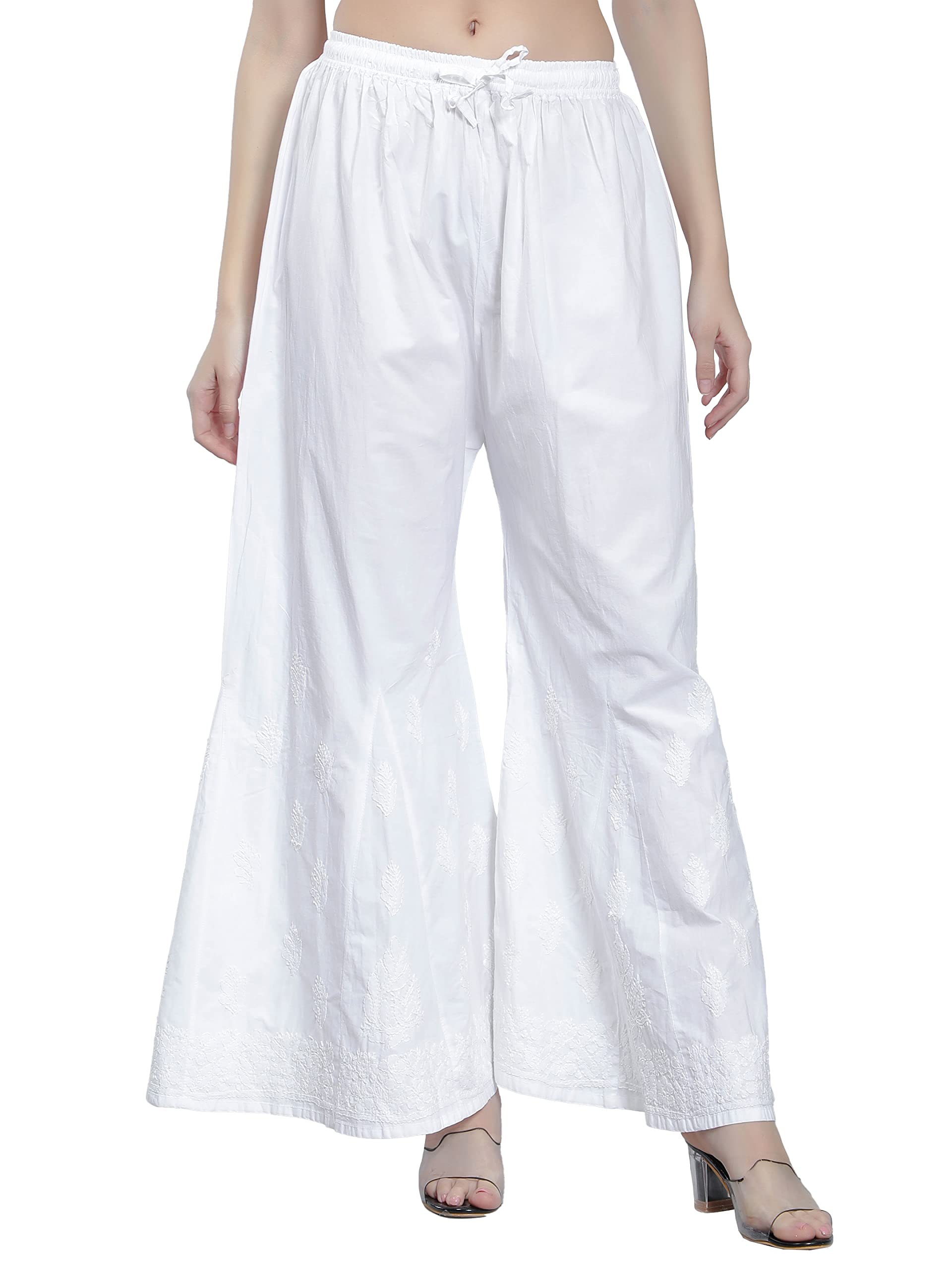 seva chikan Hand Embroidered Lucknowi Chikankari Regular Straight White Trouser Palazzo for Women SCL11025-picture-39