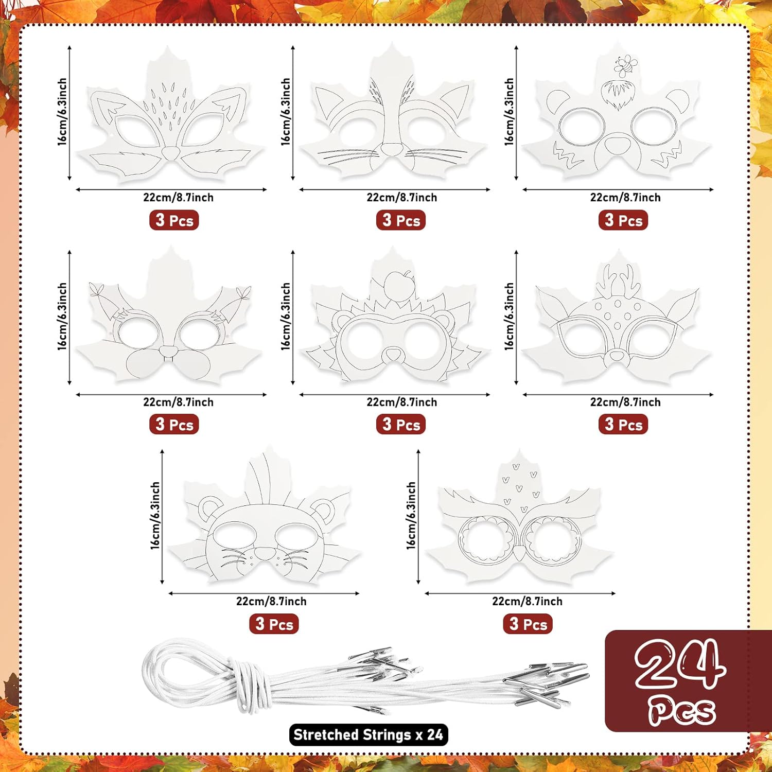 Funrous 24 Pcs Fall Craft Kits Autumn Maple Leaf DIY Mask Color Your Own Animal Blank Painting Paper Mask Thanksgiving Craft