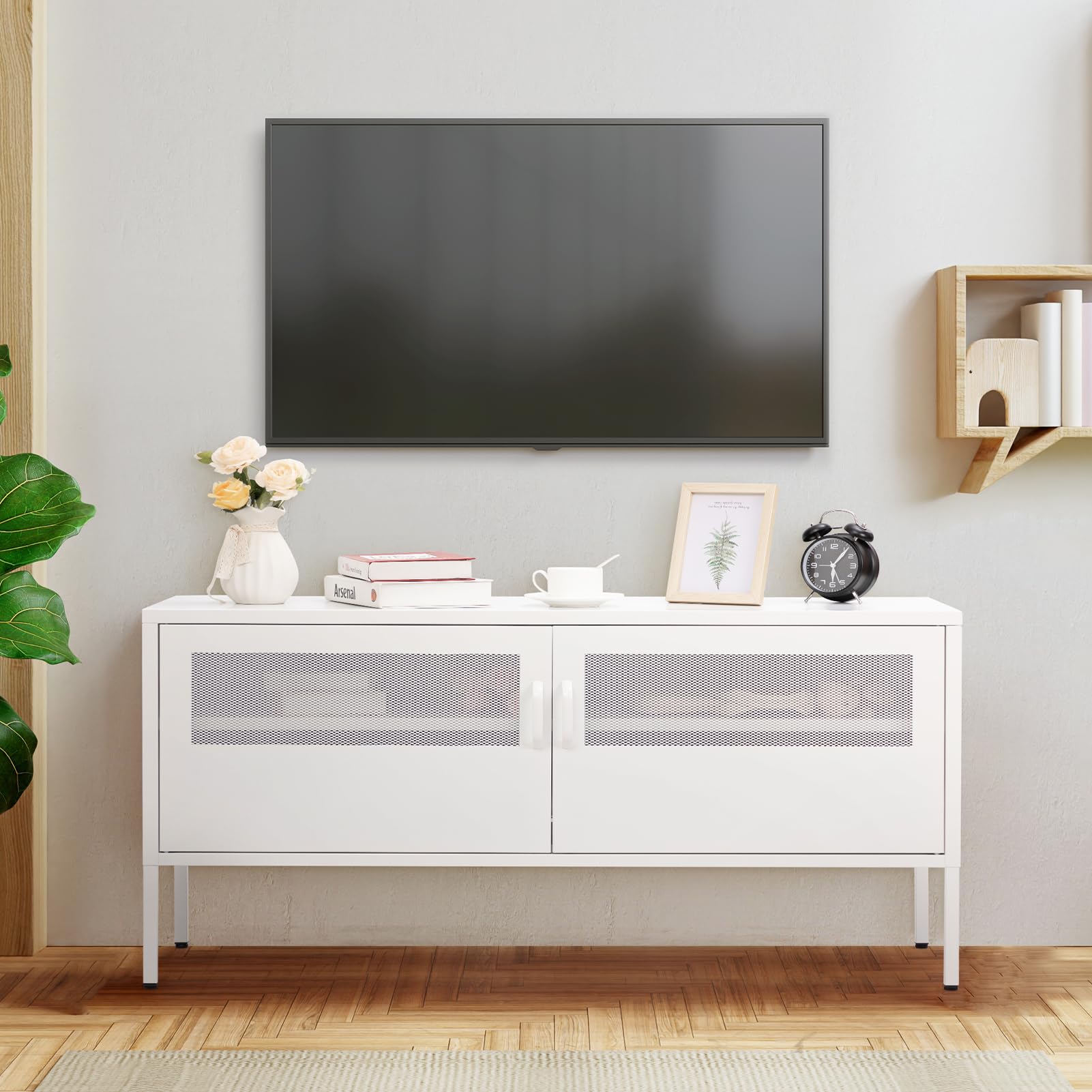 HollyHOME Modern Metal TV Stand for TVs up to 55 inch, Free Standing TV Stand for Media, Media Console Table with Storage Cabinet, Entertainment Center for Living Room, Bedroom and Office, White