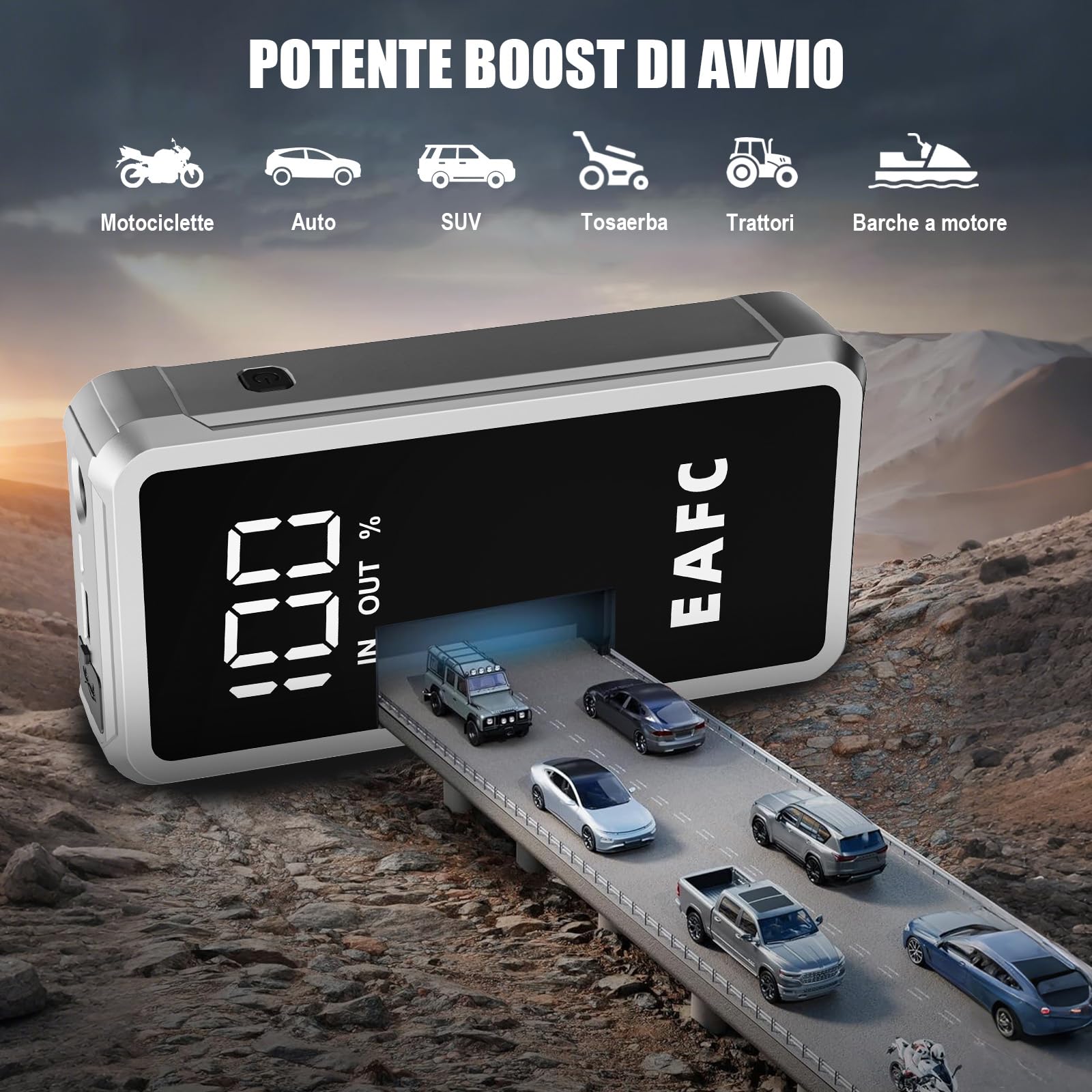 Powerbank avviatore per auto 12000mAh, booster auto avviatore 5000A 12V (fino a 10L di benzina/6L di diesel), avviatore auto booster con 3 modalità LED, schermo LCD, uscite USB 2.0, (scatola di