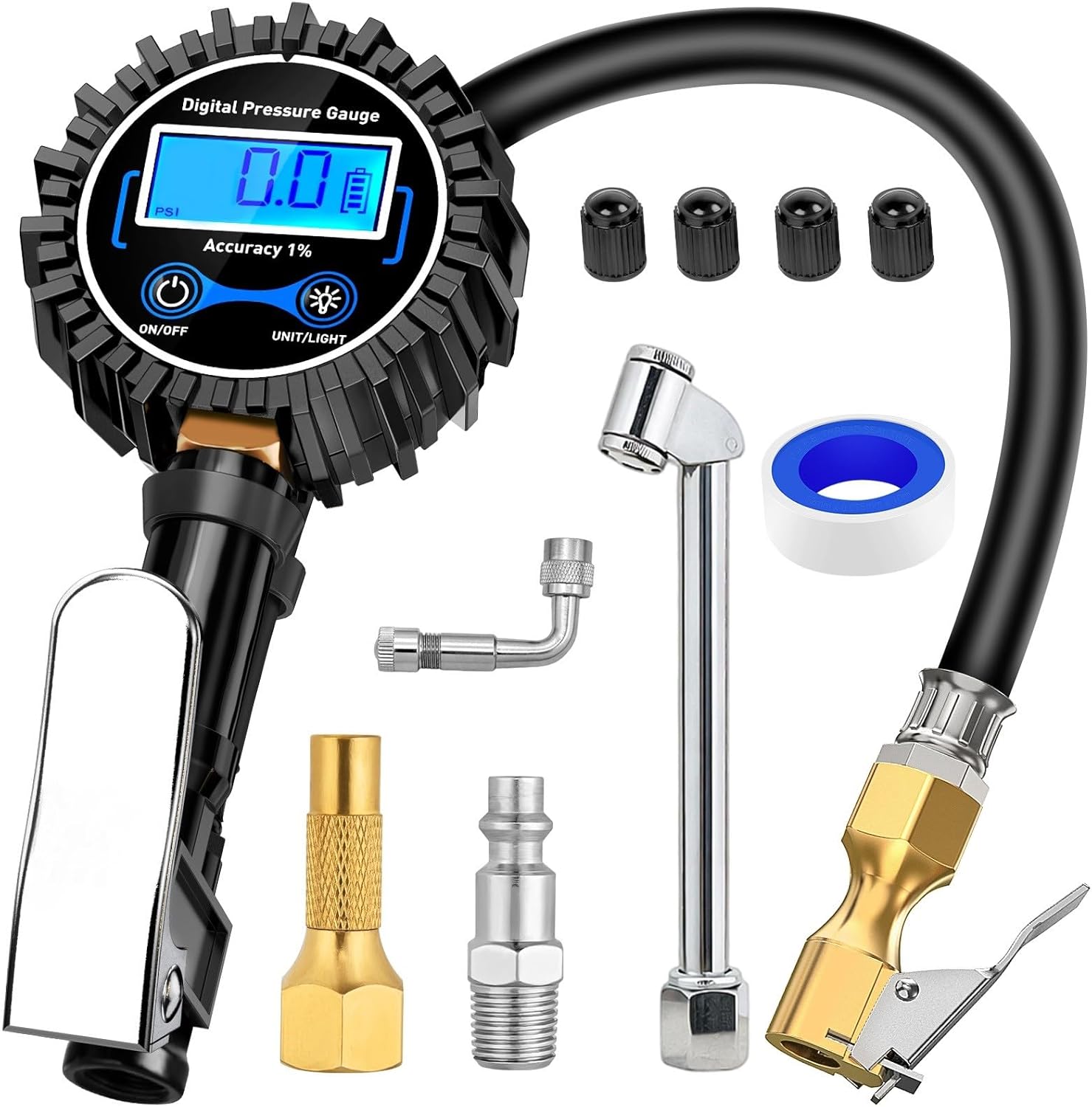 Nilight Digital Tire Inflator Deflator with Pressure Gauge 250 PSI Heavy Duty Air Chuck Compressor Attachments with Rubber Hose & Quick Connect Coupler 0.1 Display Resolution for Car Truck SUV RV