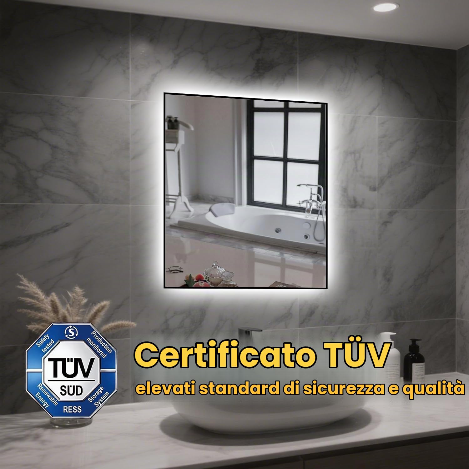 Specchio Bagno con Luce LED 60x70 cm,Retroilluminato Bagno,Bianco 6500K,IP54,Rettangolare,Orizzontale/Verticale,Ingresso moderno,Camera da, Armadio