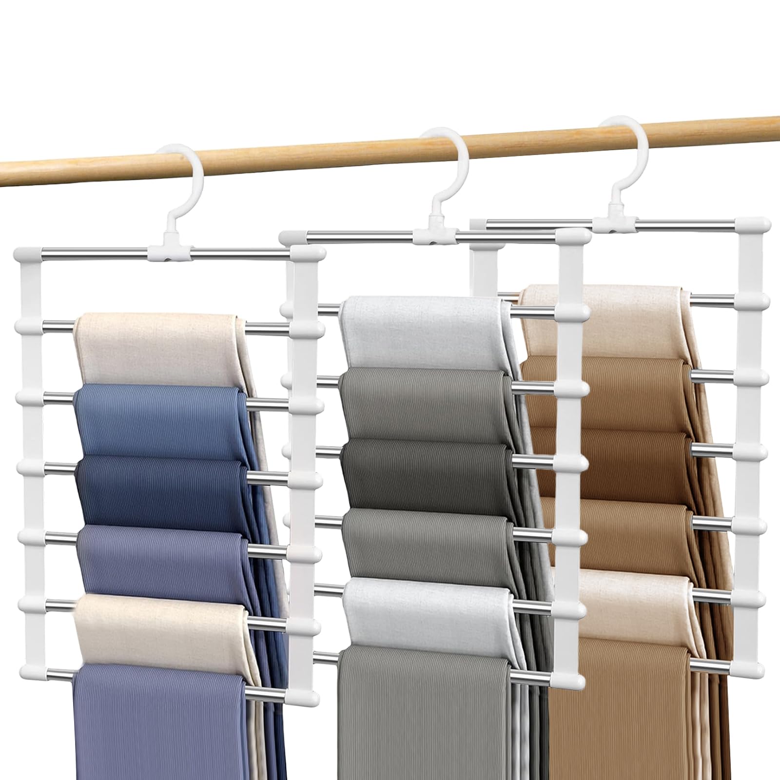 3 Pack Trouser Hangers Space Saving, Multifunctional Closet Organizer 360° Rotatable Wardrobe Organiser Holder 6-layer Pants Hangers for Skirt Jeans Scarf Towel