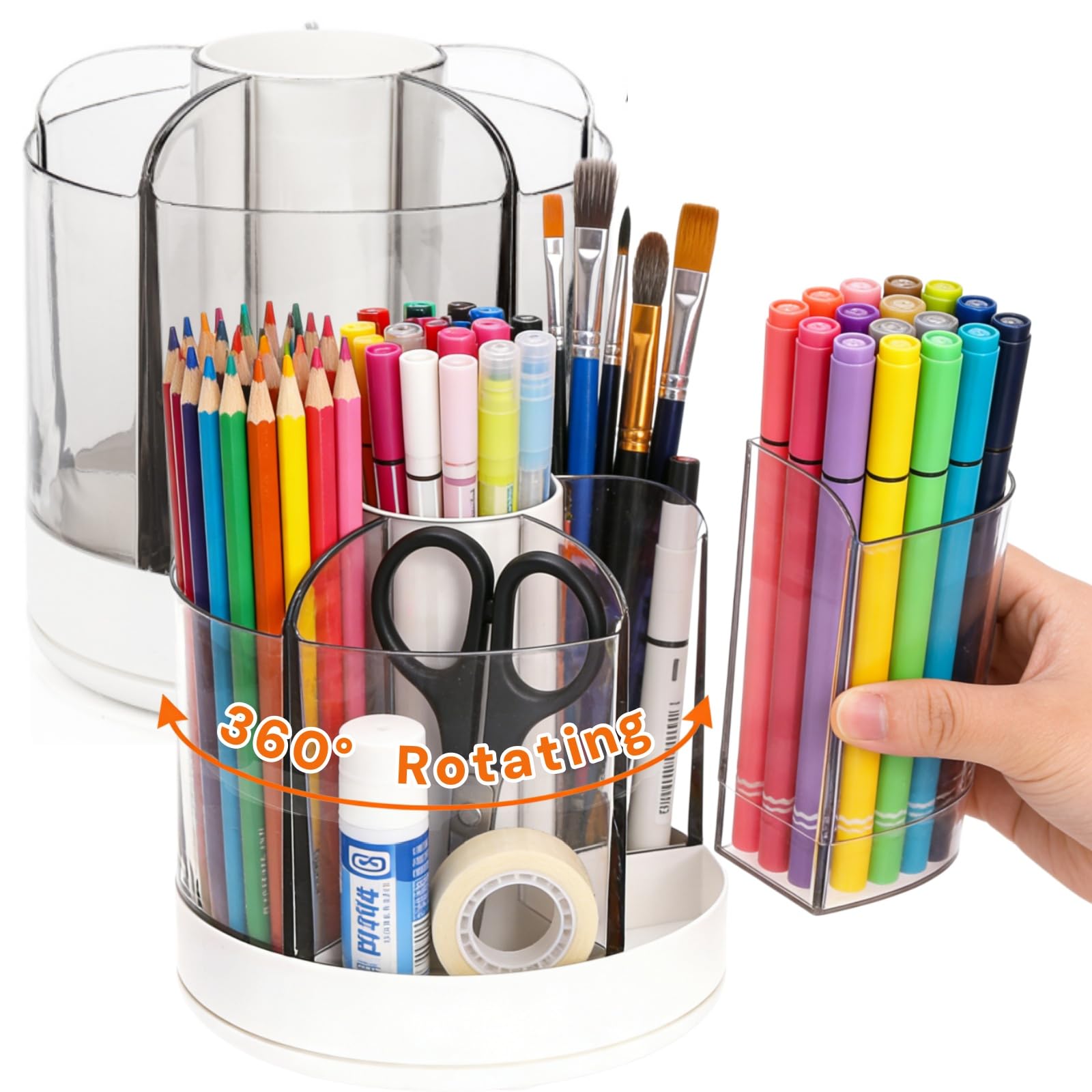 Goaste 2 Pack Pencil Pen Holder, 360-Degree Rotating Clear Makeup Brush Organizer, Desktop Stationery Organizer Caddy with 5 Removable Slots for Brushes, Crayons, Markers, Colored Pencils, White