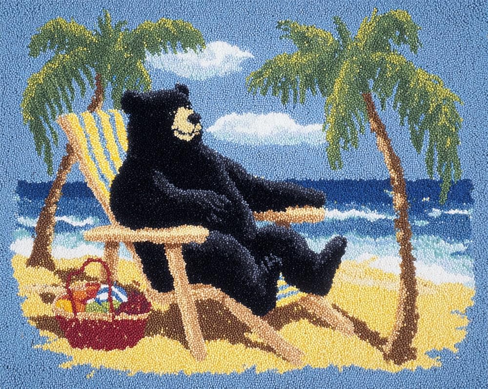 Latch Hook Rug Kits For Adults Beginners Bear Sitting On A Beach Chair Diy Craft Doormat Rug Making Kit Tapestry Cushion Knitting Patterns Printed Mesh Mat Canvas Wool Yarn Fabric Gift Wome 39X55In