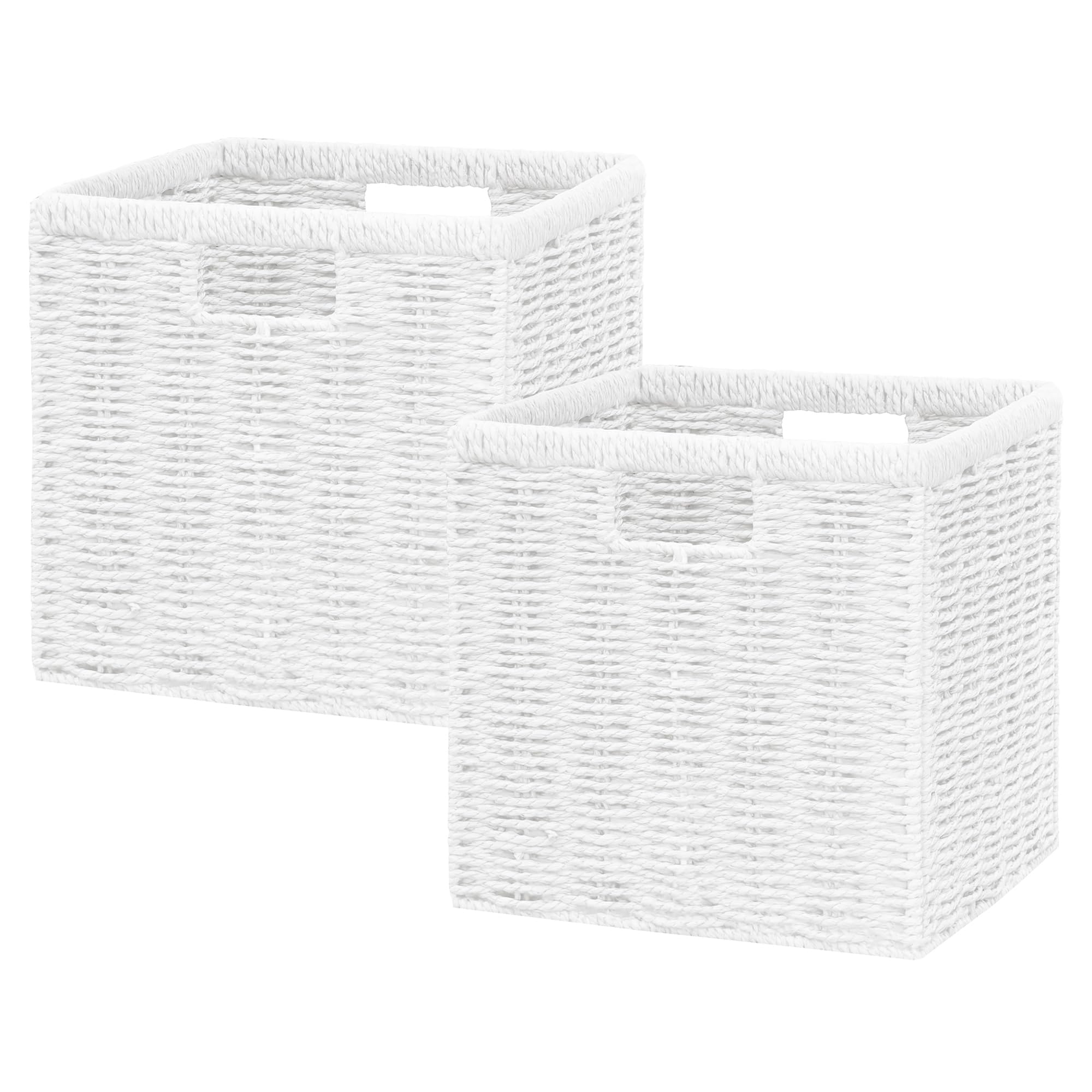 Vagusicc Set of 2 Storage Baskets, 23x23cm Small Wicker Basket with Handles, Foldable Wicker Storage Cubes Baskets Organizer Bins for Kitchen Bathroom Shelves Organization and Decoration, White โ image 1