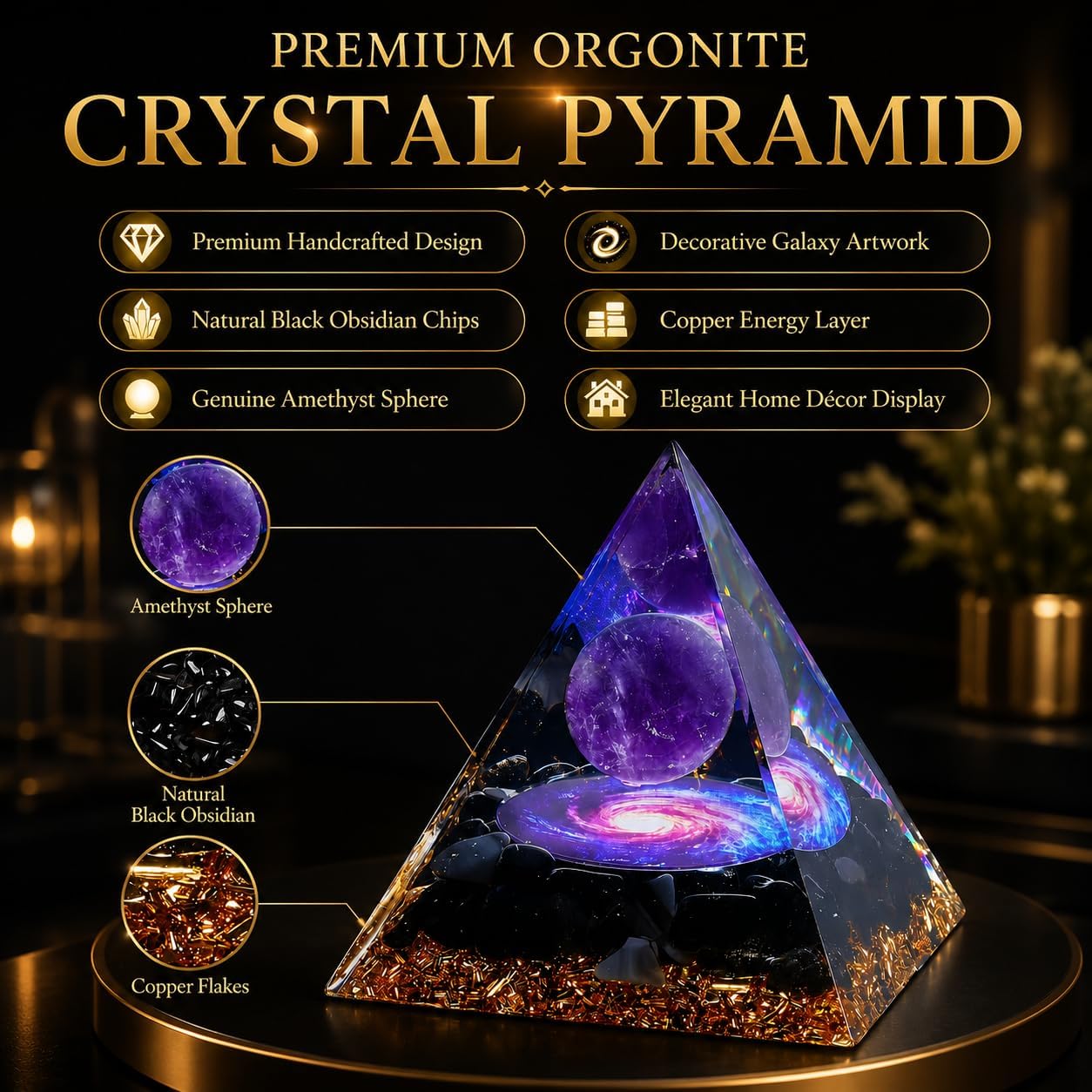 Orgone Black Obsidian Pyramid for Protection Handcrafted Orgonite Crystal Pyramid for Energy Balance, Meditation, Home Decor & Chakra Support